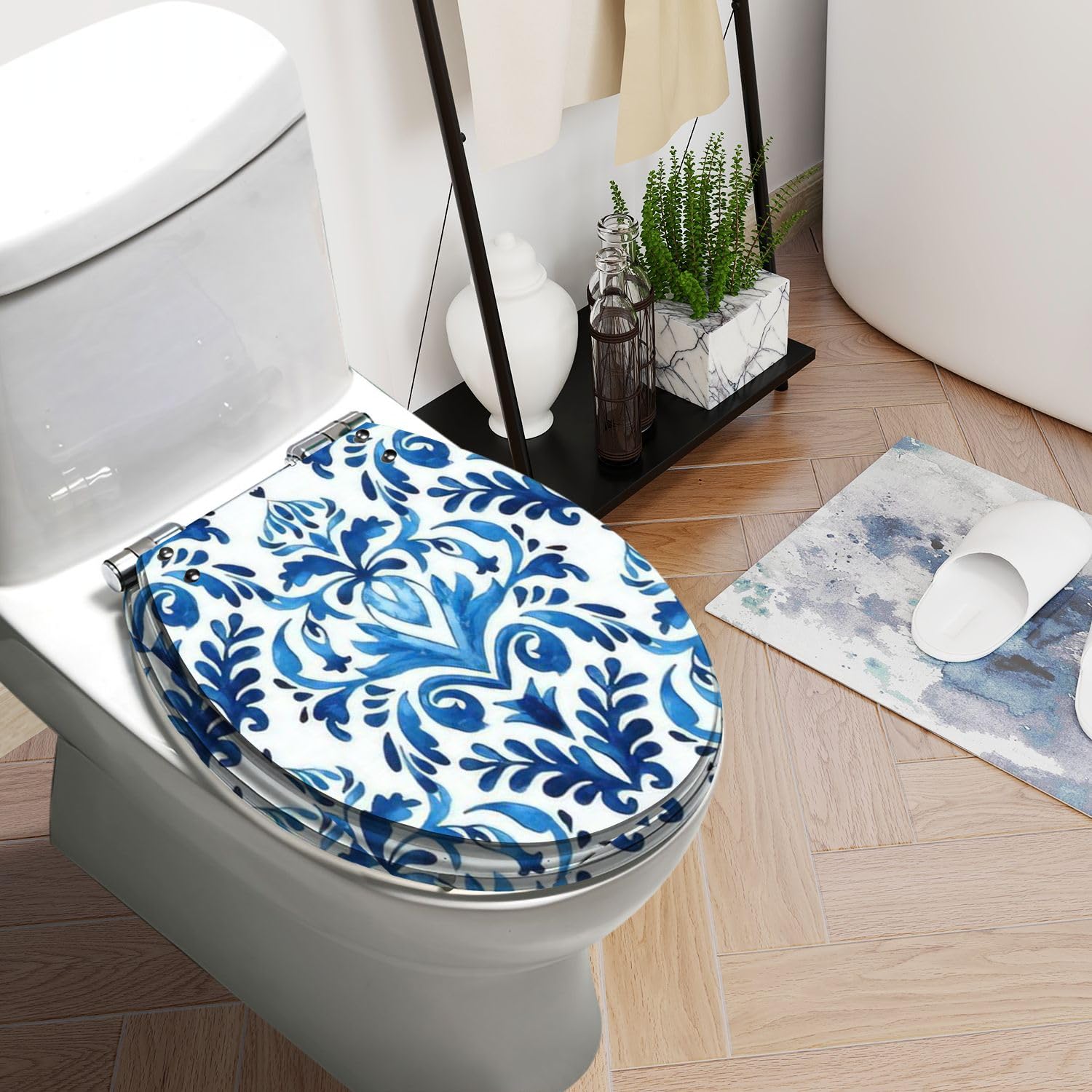 Round Toilet Seat Watercolor blue floral design ikat mediterranean style Seamless Resin Toilet Seat Quietly Slow Close with Quick-Release Hinges Toilet Seat with Cover Easy to Clean Install