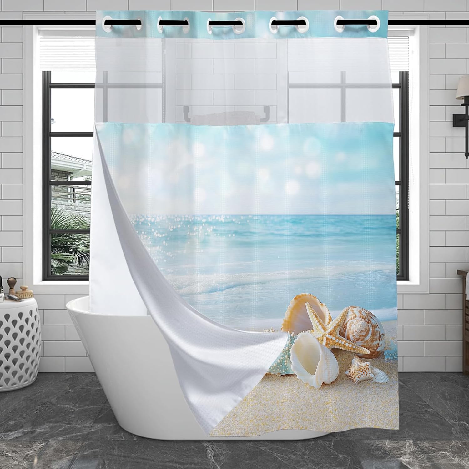 Beach Blue Shower Curtain for Bathroom, Waterproof Waffle Coastal Seashell Shower Curtain with Snap in Fabric Liner Set, Heavy Duty Bath Curtains Hotel Spa Luxury Polyester 72Wx74H No Hook