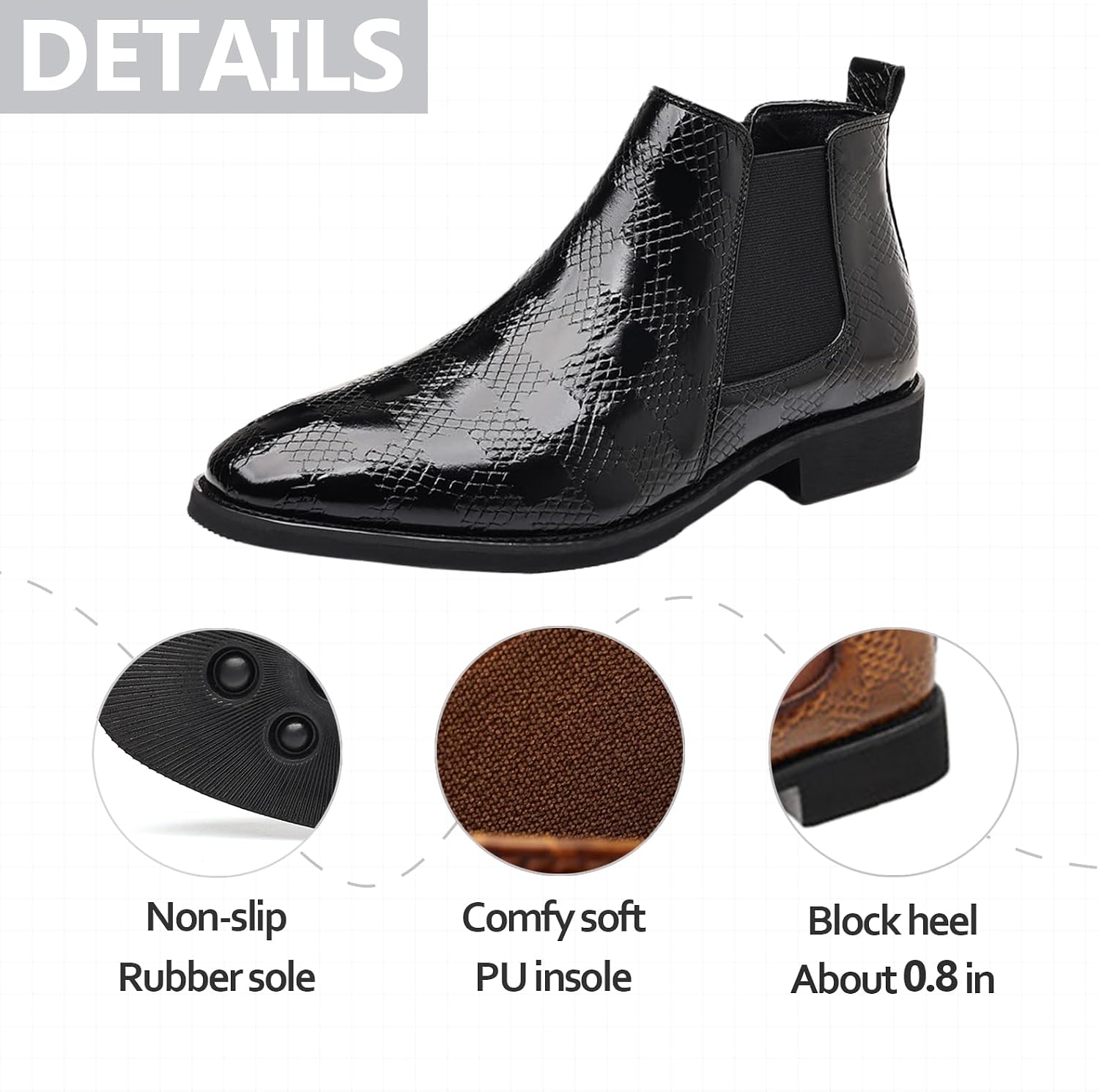 Mens Print Leather Pointed Toe Chelsea Boots Vintage Comfy Slip On Side Elastic Band Block Heel Boots For Dressy Wedding Banquet Office Casual Walking