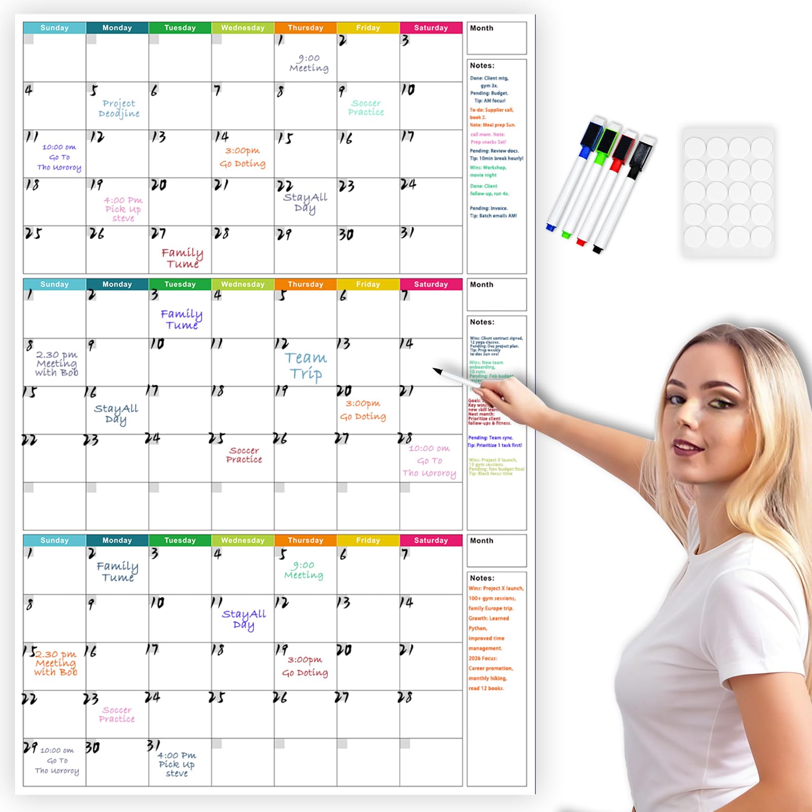 Großer, trocken abwischbarer Wandkalender – undatierter 3-Monats-Wandkalender, 61 x 91,4 cm, löschbar und wiederverwendbar, laminierter Whiteboard-Kalender
