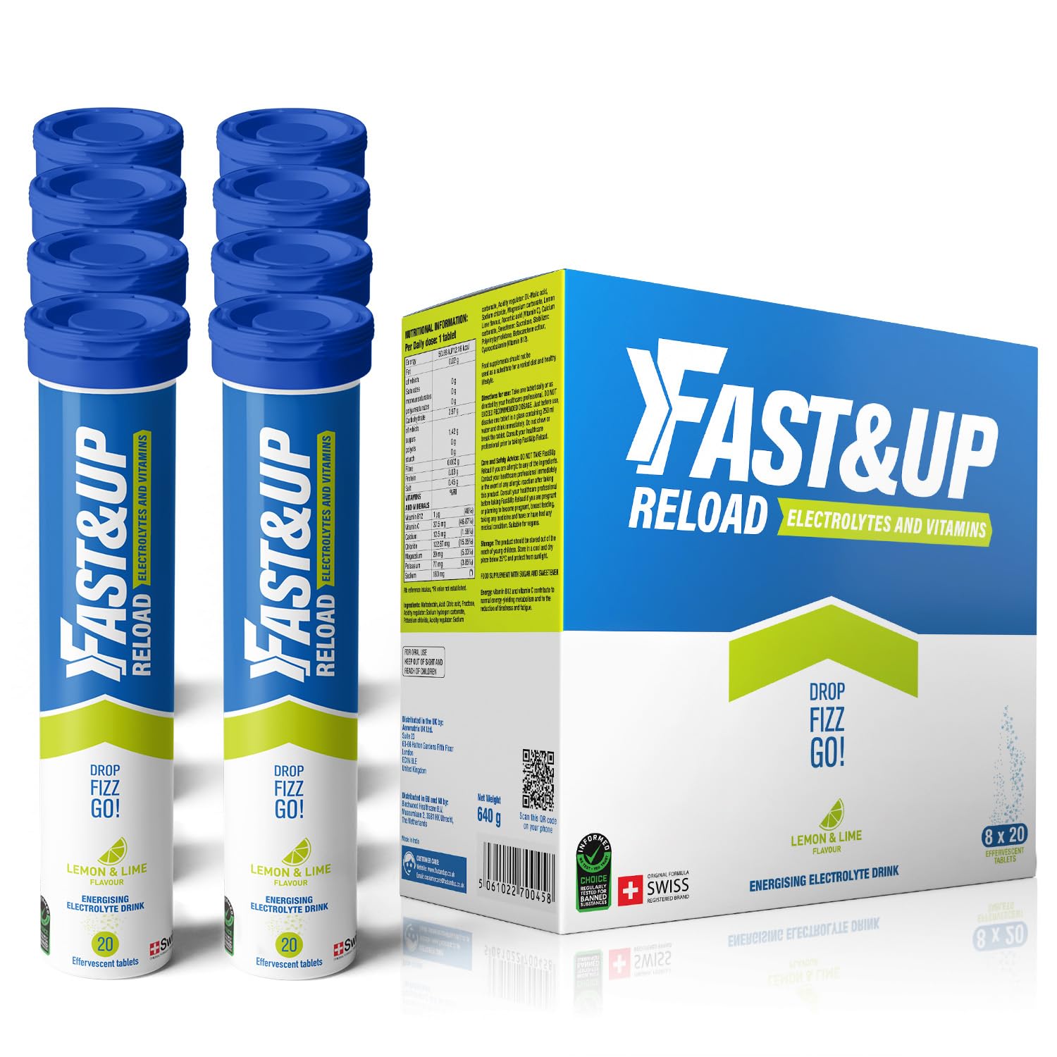 Fast&Up Reload – Energising Electrolyte Drink - Lemon & Lime Flavour - 160 Effervescent Hydration Tablets - Added Vitamin C & B12 - Vegan