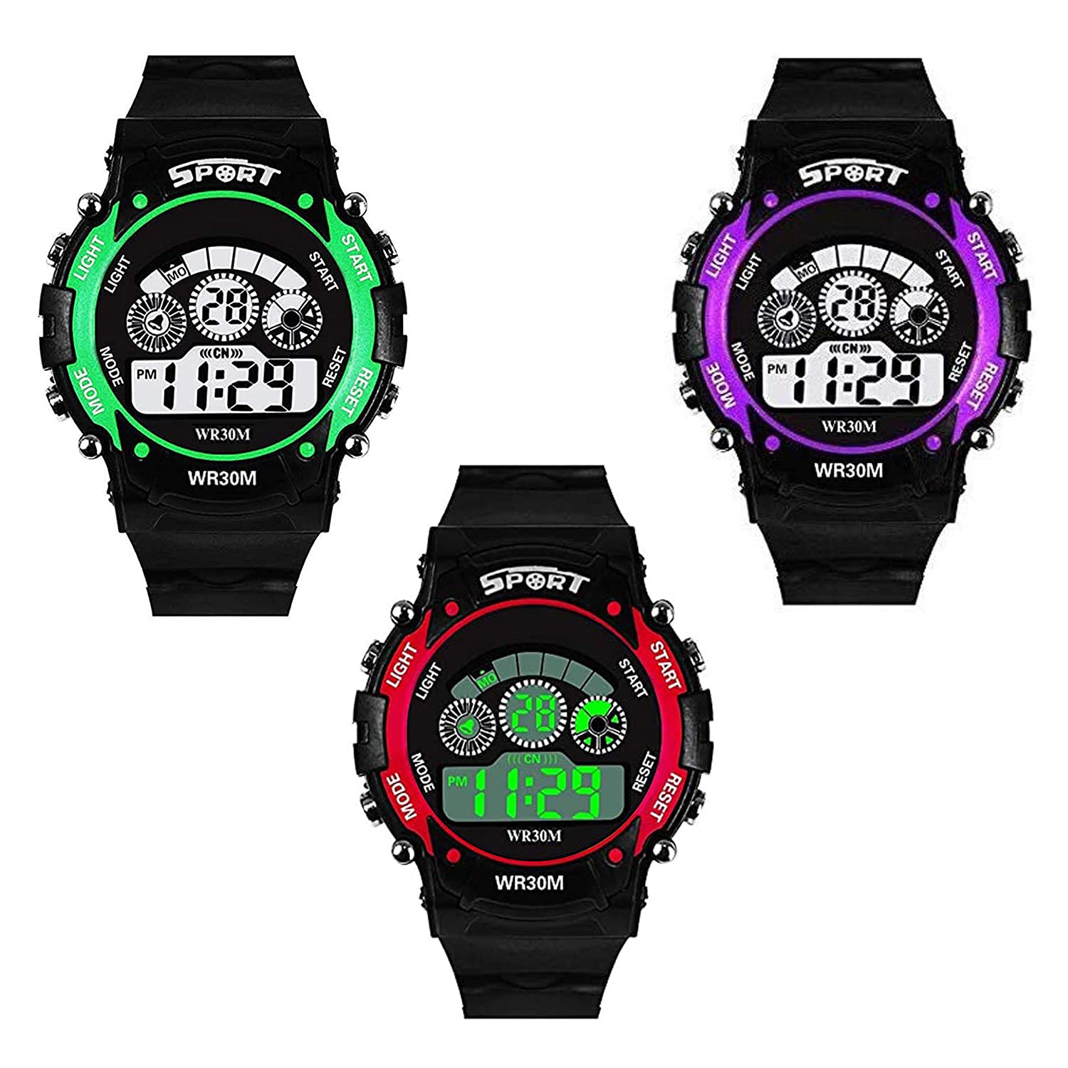 SWADESI STUFF Silicone Digital Sport Watch For Boys & Girls Pack Of 3 (Multi Dial Black Colored Strap), Black Band (B09B41HTR4) Amazon Price History, Amazon Price Tracker