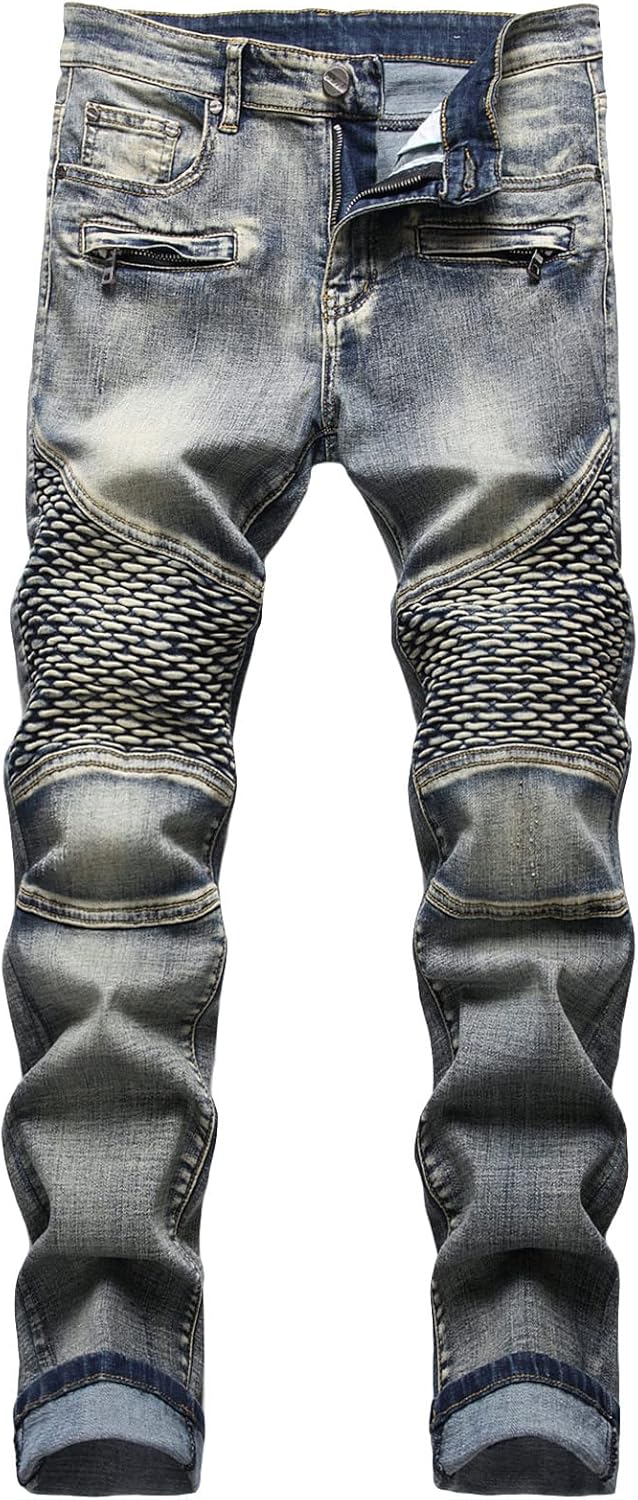 Men Ripped Vintage Biker Jeans Distressed Destroyed Zipper Denim Pants Straight Holes Moto Patch Hip Hop Jean