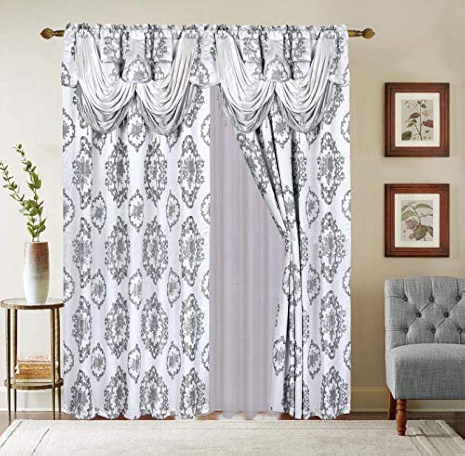 LinenTopia Classical Jacquard Window Drape Set, 2 Panels with Attached Valance + Sheer Backing, Fancy Victorian Style Damask Curtain Drape for Living Rooms, (Leyla, 84",Gray)