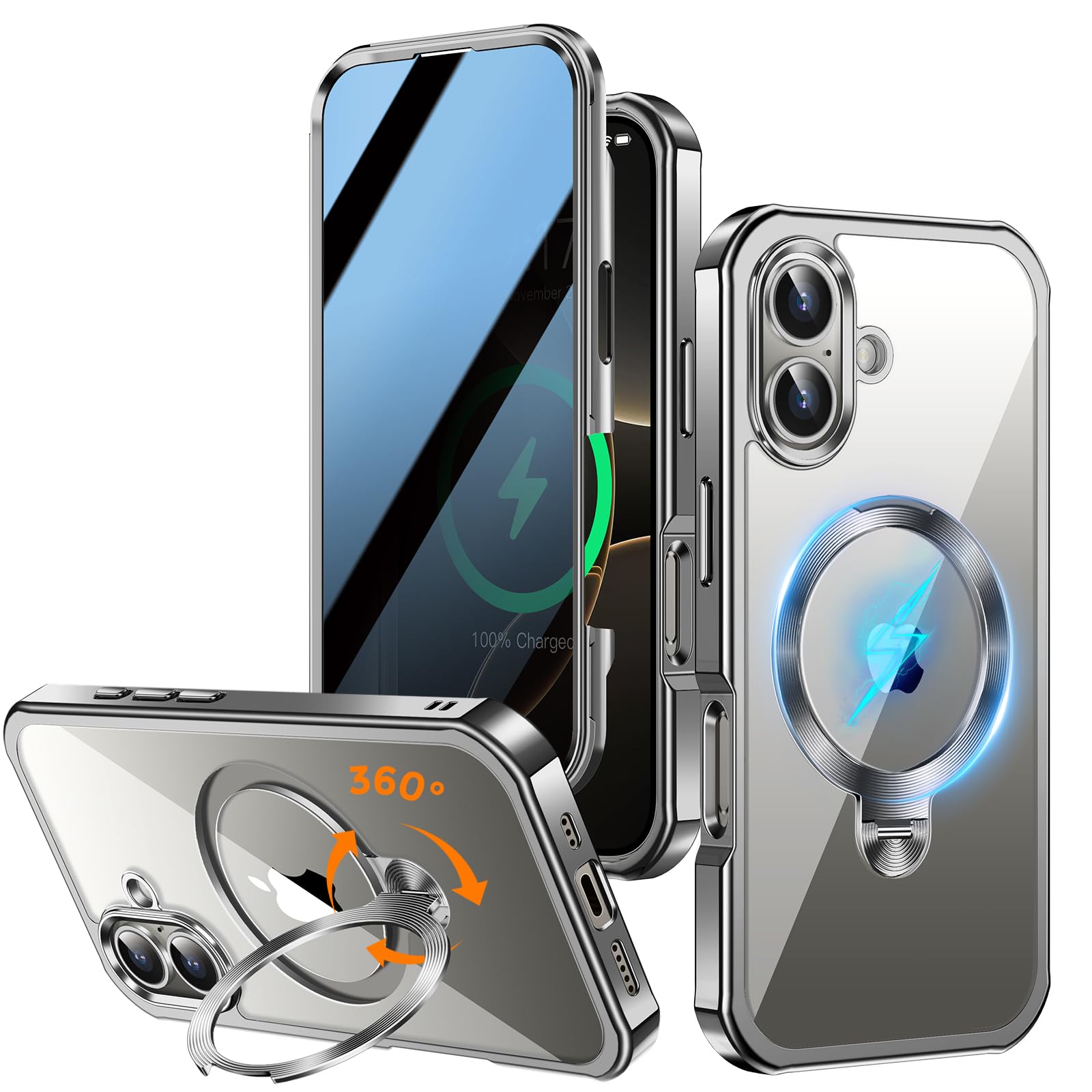Upholyee [360° Rotatable CD Stand & Built-in Privacy Screen Magnetic Case for iPhone 16 [Compatible with MagSafe & Full Signal] Mil-Grade Shockproof