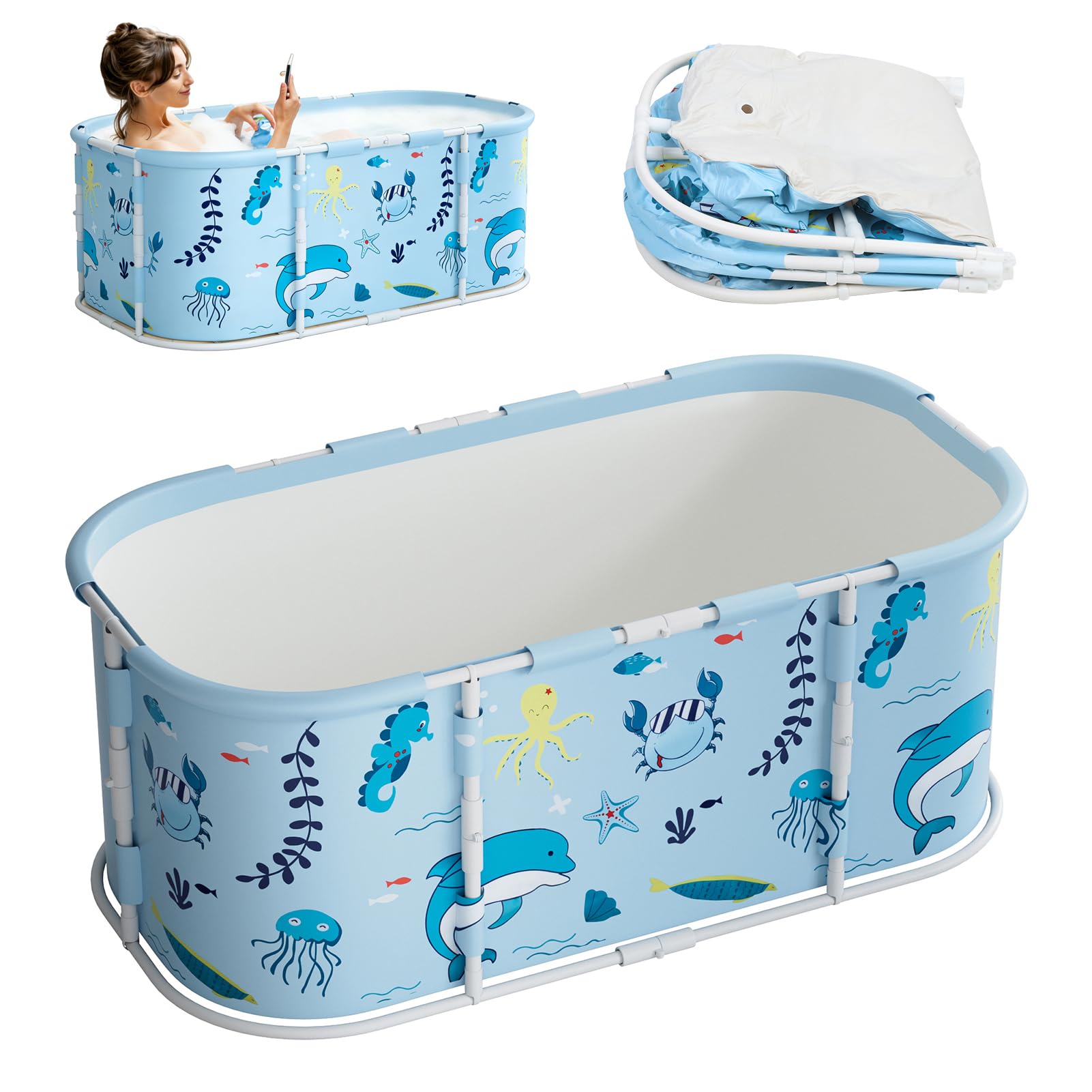 Portable Foldable Bathtub for Adult, 47" Folding Tub, Soaking Bathtub for Hot Bath and Ice Bath, Freestanding Surround Collapsible Bathtubs, Reinforced Bracket, Large Capacity (Light Blue)