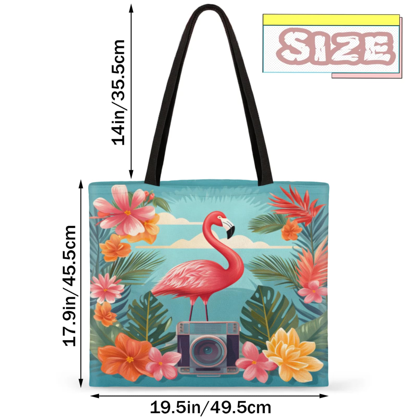 Mularoka Flamingo Flower Audio Square Canvas Tote Bag Top Handle Purses Stylish Women Canvas Shoulder Tote Bags Reusable Handbags for Work Travel Picnic Beach Shopping Gym Hiking