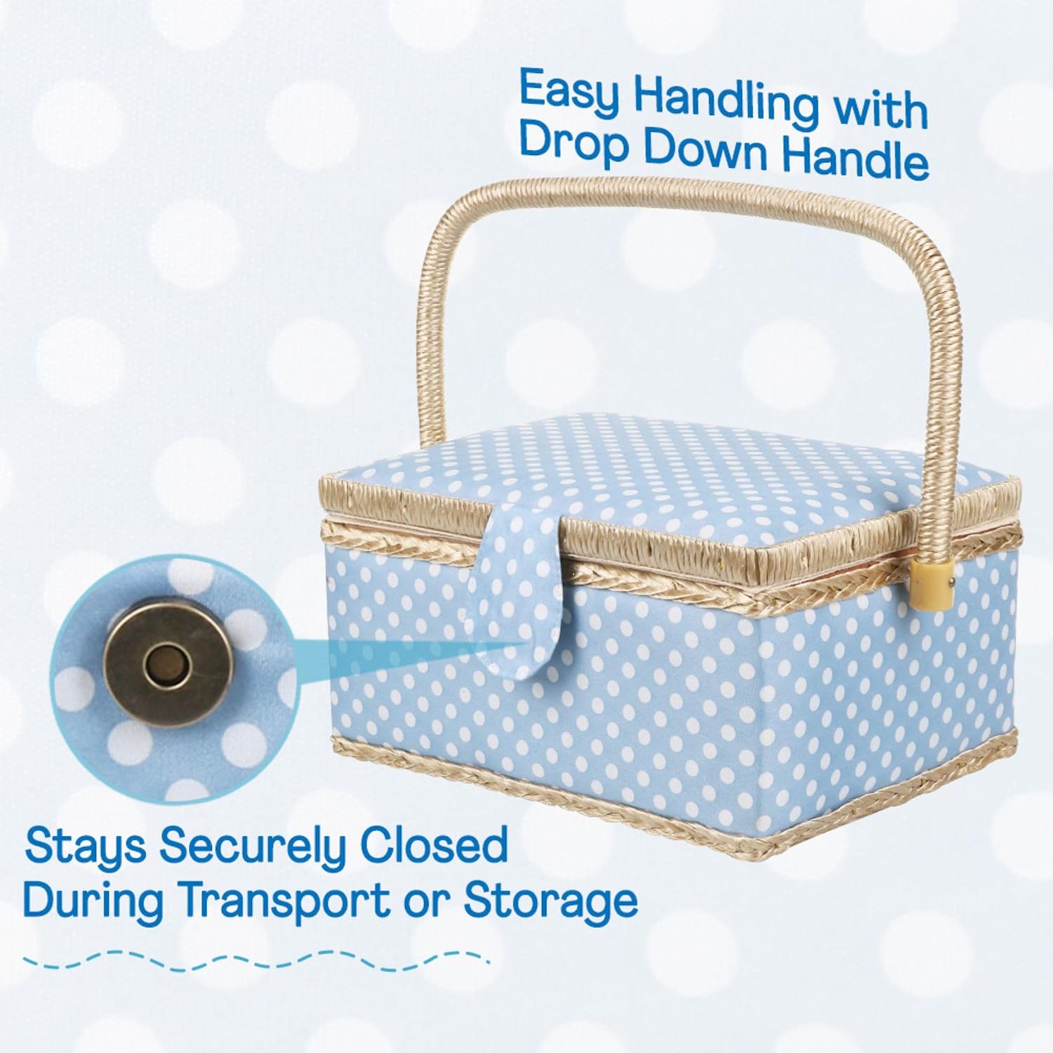 Large Sewing Basket with Complete Kit Accessories, Wooden Beginners Sewing Kits with Removable Tray Tomato Pincushion for Mending, Blue Polka Dots