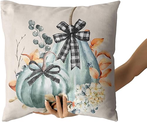 Miniatura 6 de Giwawa Juego de 2 fundas de almohada con diseño de calabaza azul verdoso, agradecidos y bendecidos cosecha, funda de almohada de temporada con