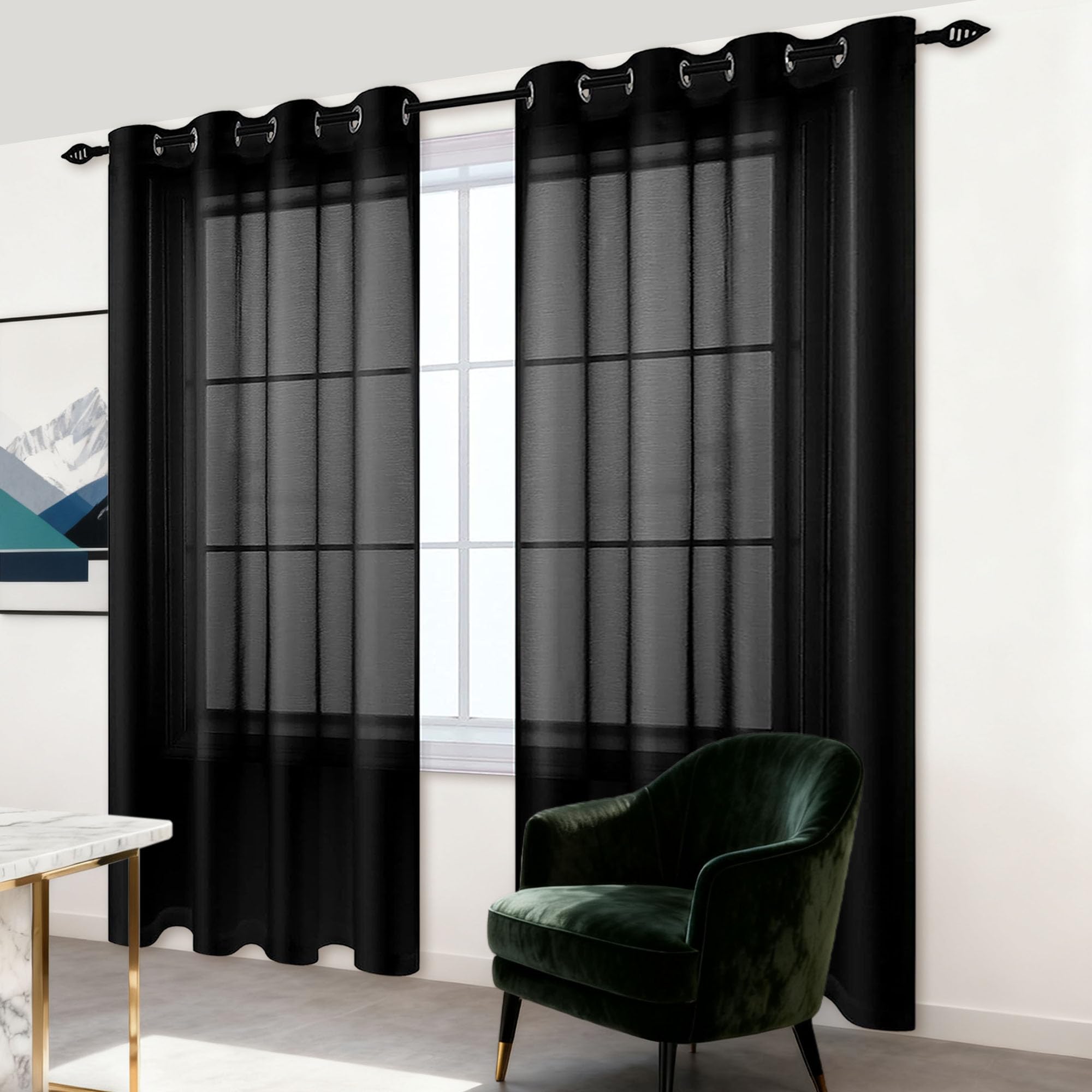 Rideaux voilage transparent 360x330 cm noir en polyester fluide et léger pour intérieur chic