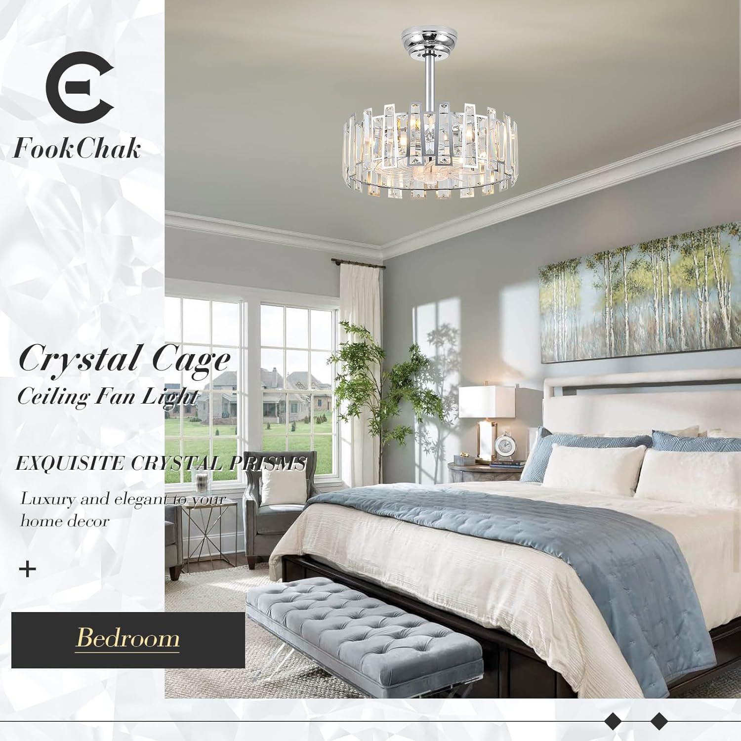 Modern Chrome Caged Ceiling Fan with Light for Bedroom Crystal Ceiling Light Fixture with Fan Bladeless Crystal Chandelier with Fan 18" Fandelier for Kitchen Hallway Dining Room