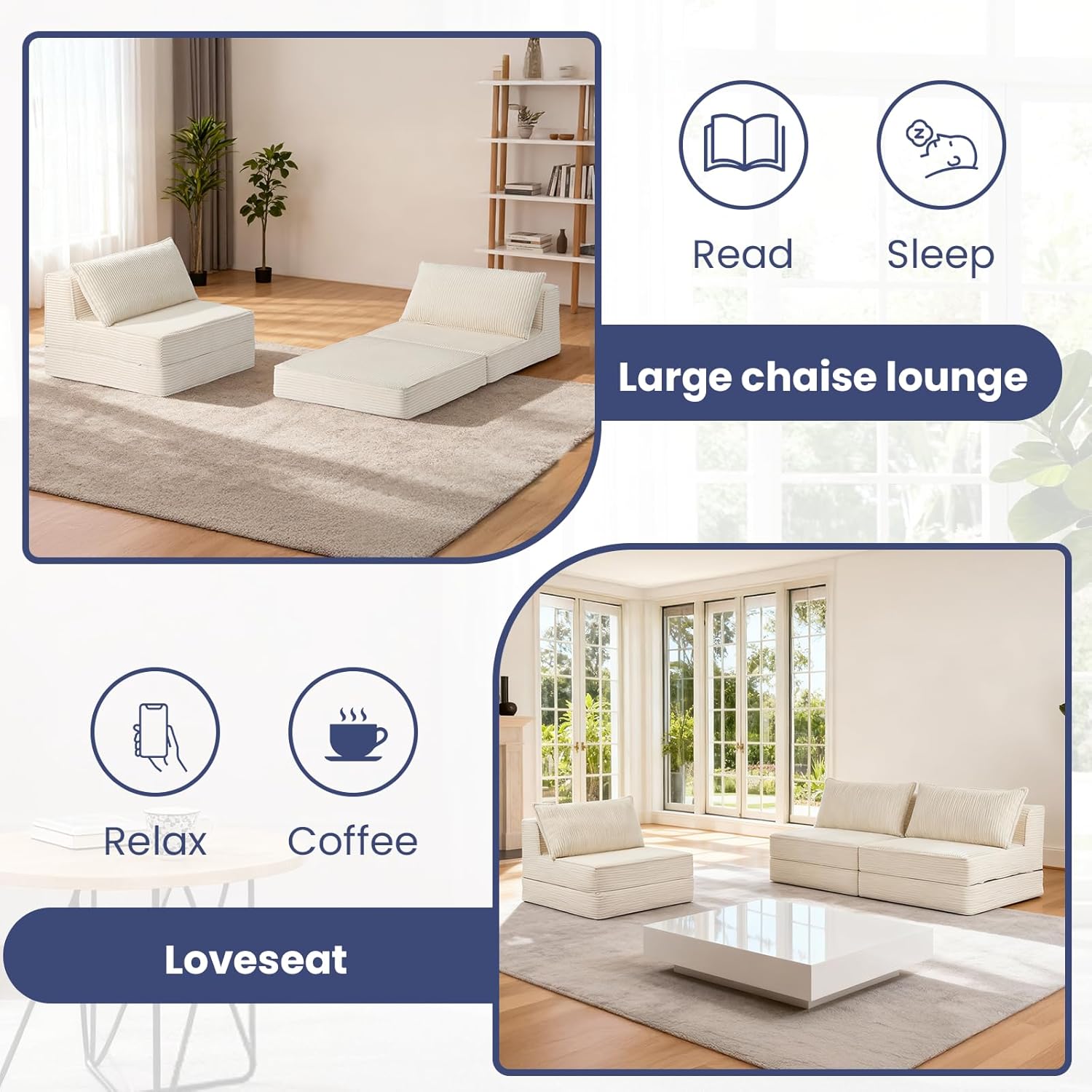 Folding Sofa Bed, Convertible Sleeper Chair with Pillow,Corduroy Comfy Floor Futon for Living Room Bedroom,No Assembly Required,Beige