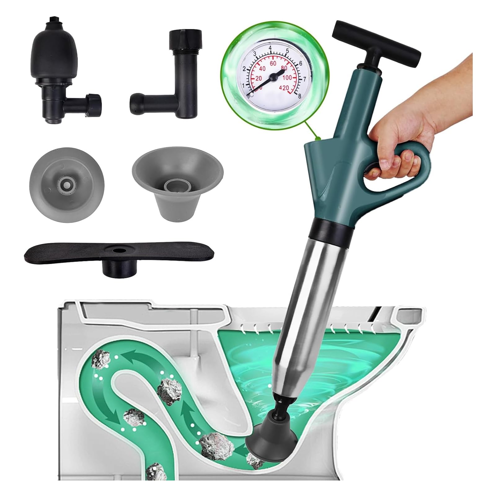 Limpiador de tuberías de presión de aire, 8 KPa, 3 cabezales para lavabo, mantenimiento de desagües de ducha, eliminador de obstrucciones para lavabos