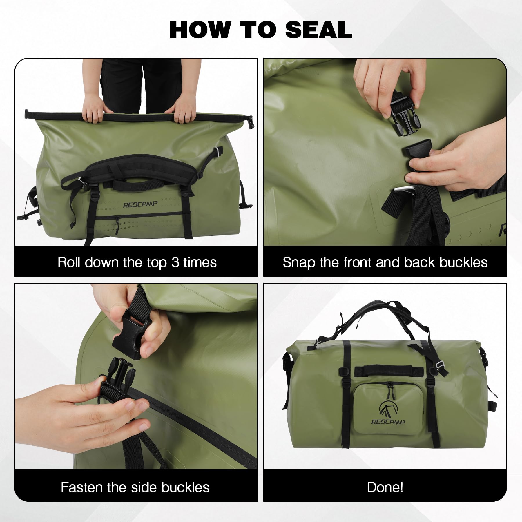 REDCAMP Große wasserdichte Reisetasche, 80L Rolltop Rucksack Dry Bag PVC 500D, Sporttasche mit Schnellbefestigungsgurten für Camping Motorrad Bootfahren Angeln Rafting Kajak Paddeln, Armeegrün