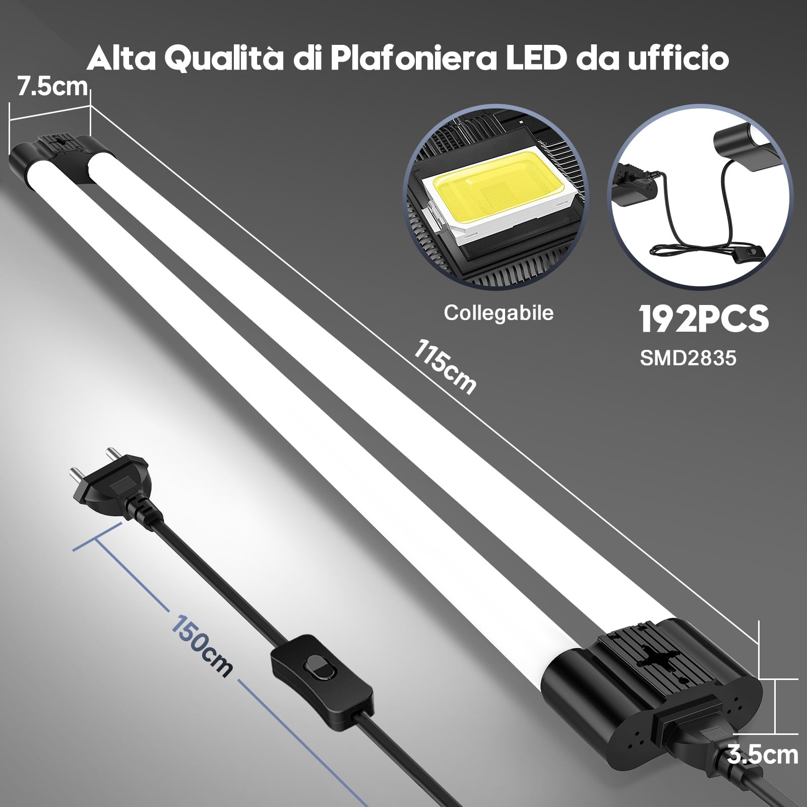 Sararoom Tubo Neon LED 115CM 40W Plafoniera Led Soffitto, 4400LM T8 Barra Led 6500K Bianca Fredda Collegabili Tubolare Sottopensile Luce con Spina, IP20 Lampada per Garage Officina Ufficio Cucina,8Pc