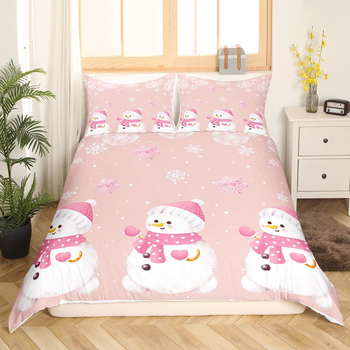 Manfei Kawaii Snowman Duvet Cover Set King Size, Cute Pink White Snowflake Comforter Cover with 2 Pillowcases - Image 3