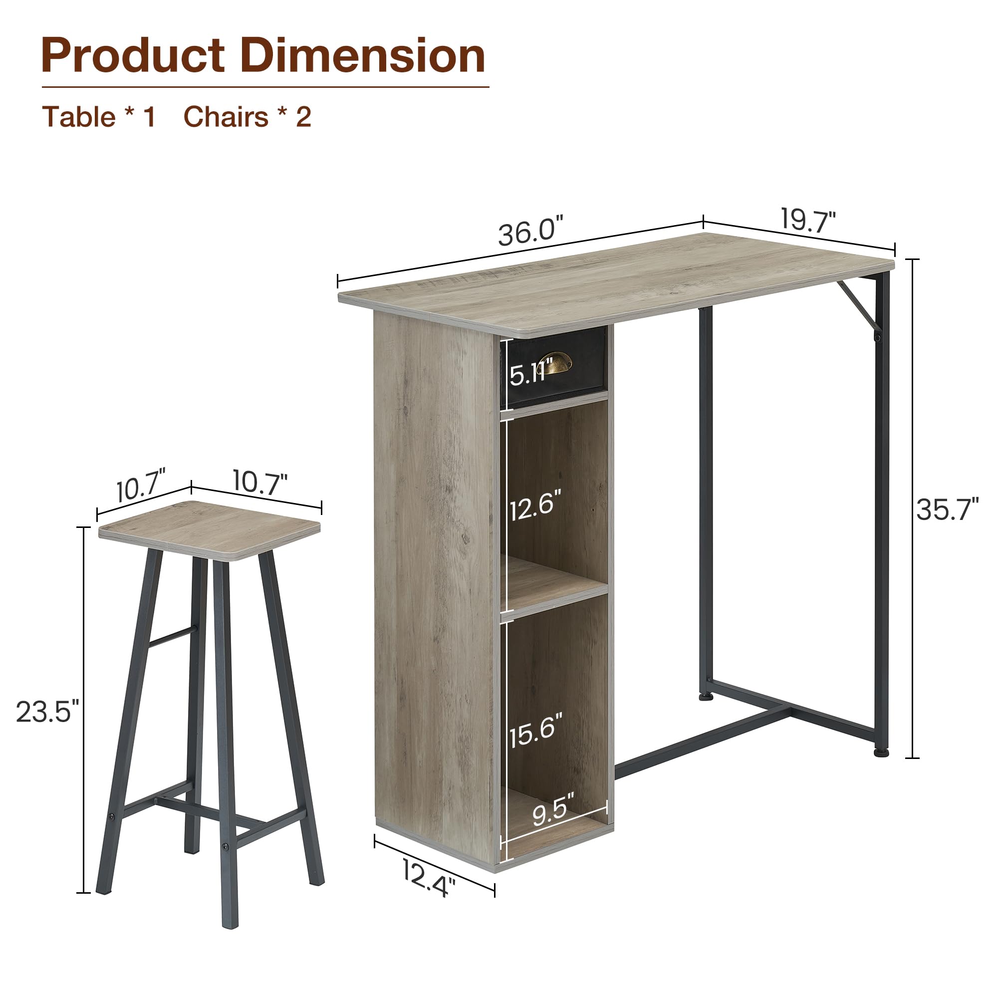Garvee 3-teiliges Bartisch-Set, küchentisch für 2 Personen, Bartisch Mit Barhocker Tisch mit Metallgestell und Schublade, inklusive 2 Stehhockern und 2 Ablageflächen
