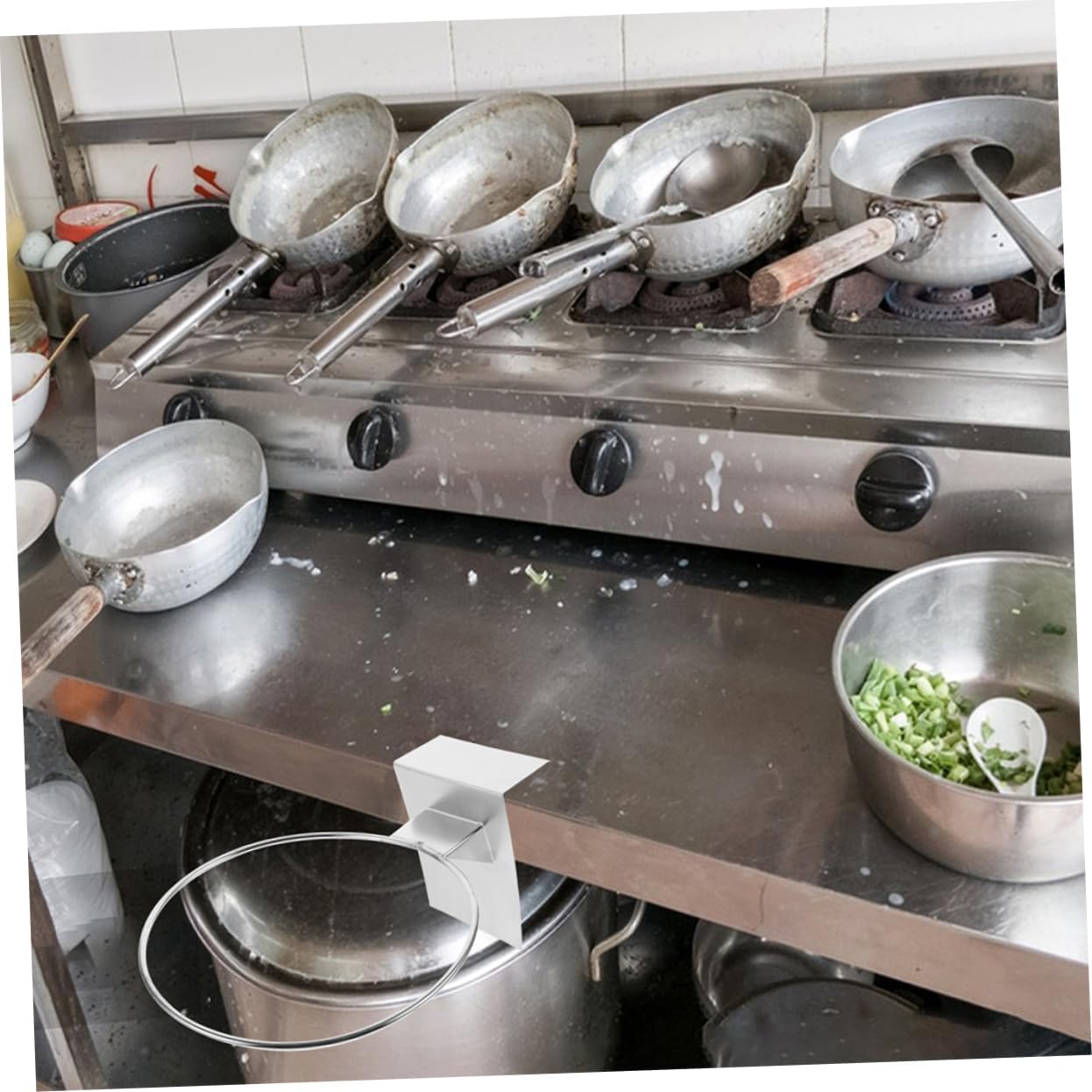 OUNONA Stove Colander Holder Stainless Strainer Ball Rack Display Stand Towel Hook Wall Mount Kitchen Accessory