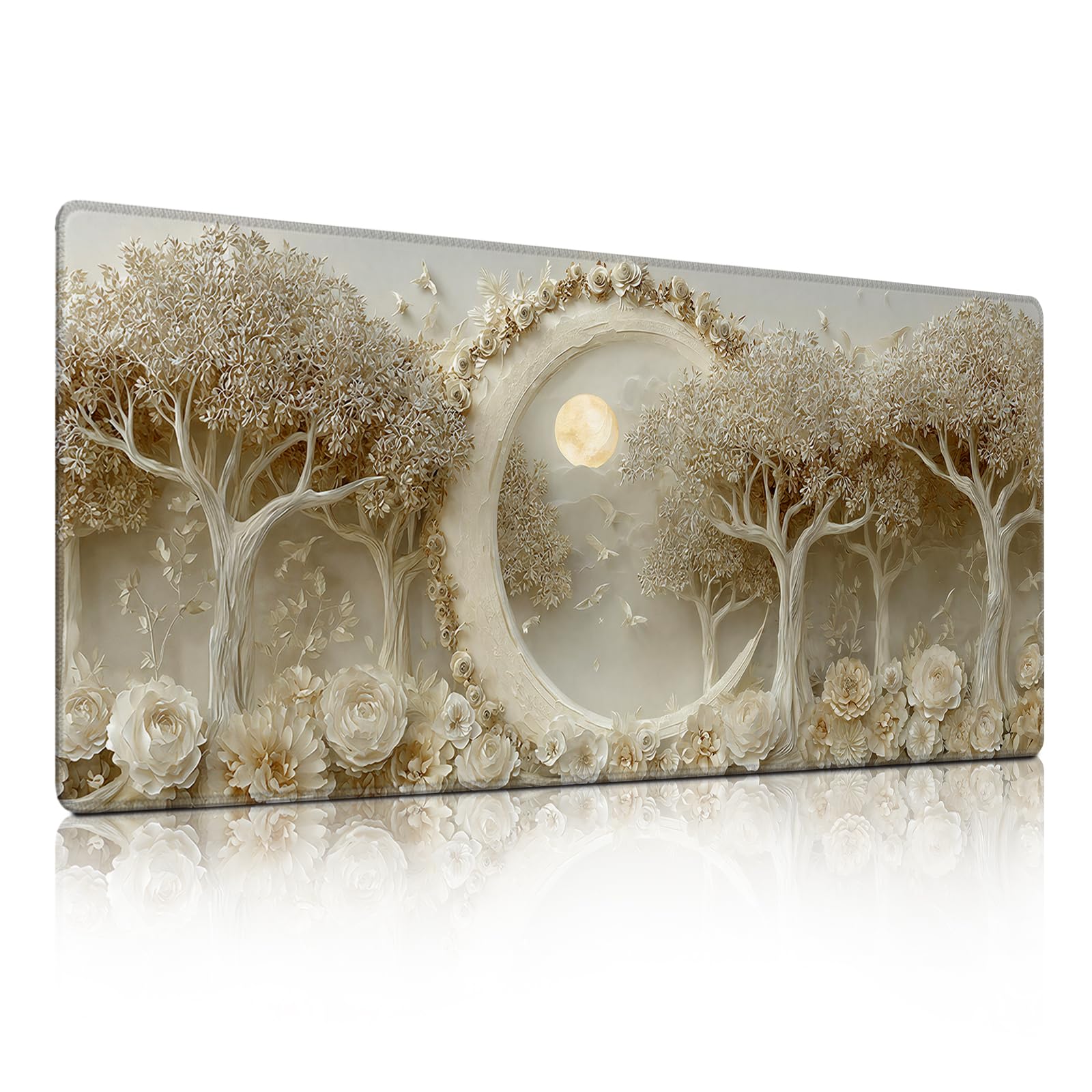 Full Moon Forest Mouse Pad, Luxury Beige Flower Frame Relief Desk Mat - Large Non-Slip Office PC Laptop Desk Pad - 35.5"x15.7" x 3mm
