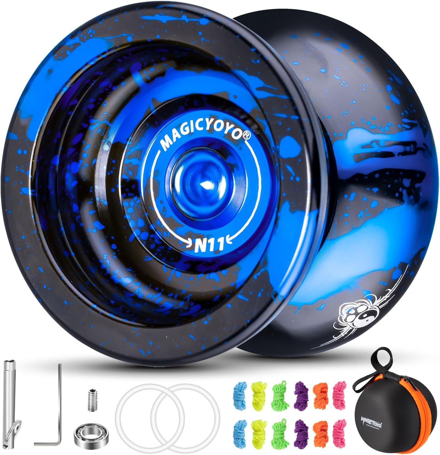 Professional Unresponsive Yoyo N11 Plus, Aluminum Yo Yo for Kids/Advanced Players, Dual Purpose Yo-yo Replacement Responsive Bearing for Beginner+12 Strings + Storage Bag (Black Blue)