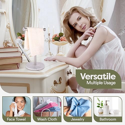Miniatura 3 de Homeries Toallero de mano de mármol  Toallero de acero inoxidable con base redonda de mármol  Moderno valet de toalla de mano en forma de T para