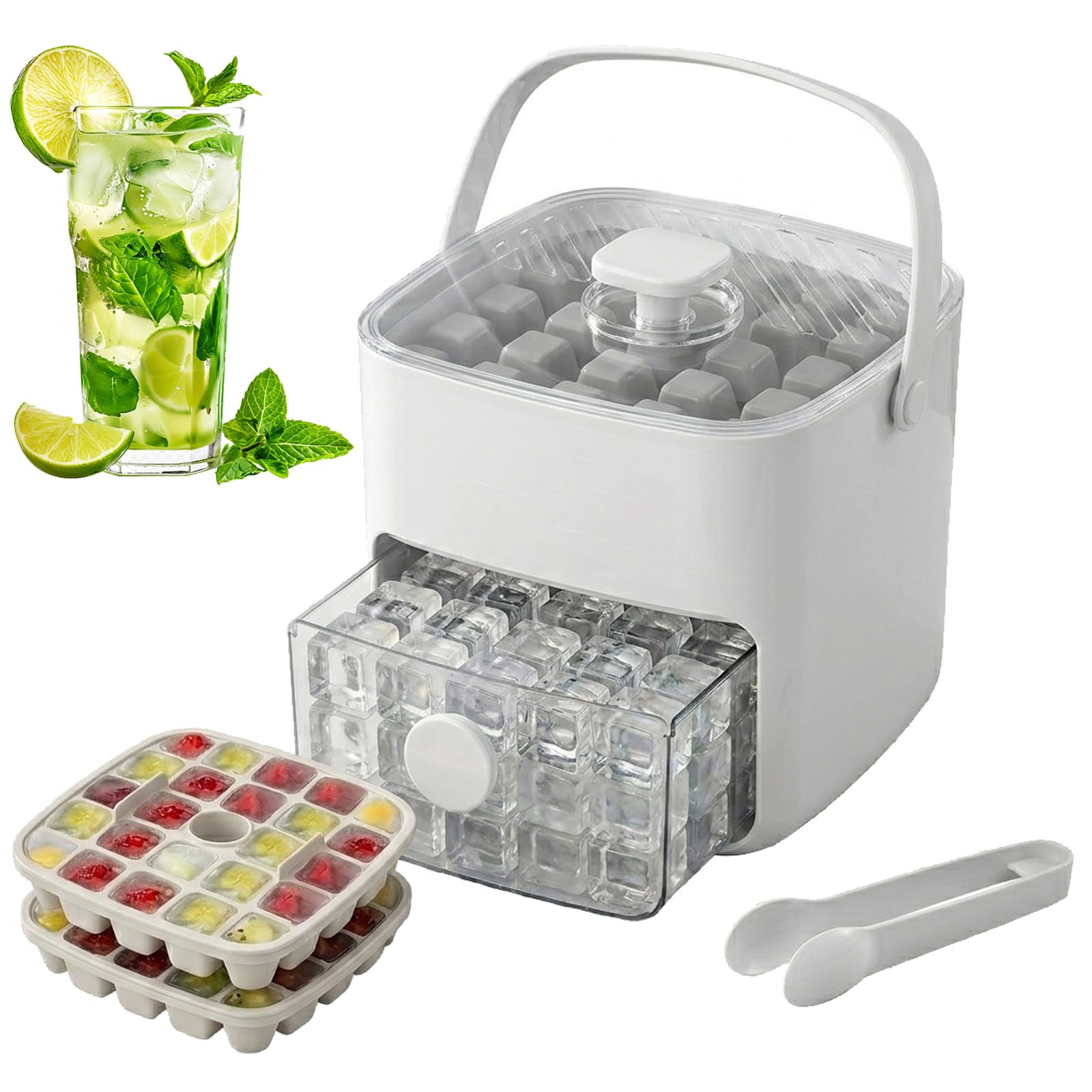 48 Cube Ice Maker with Easy Press Lid, Double-Deck Portable Ice Cube Tray, Handled Press-Type Ice Maker Mold with Storage Container for Cocktail Whisky Iced Coffee for Freezer (White)