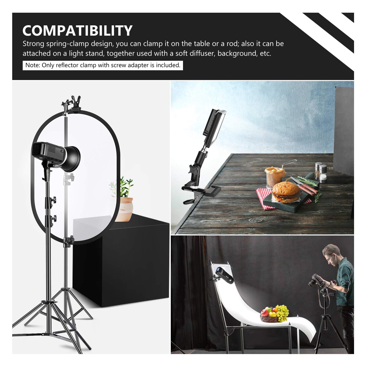 Morsetto Per Riflettore Studio Fotografico - Regolabile 360° Con Viti 1/4 E 3/8 - Foto 3