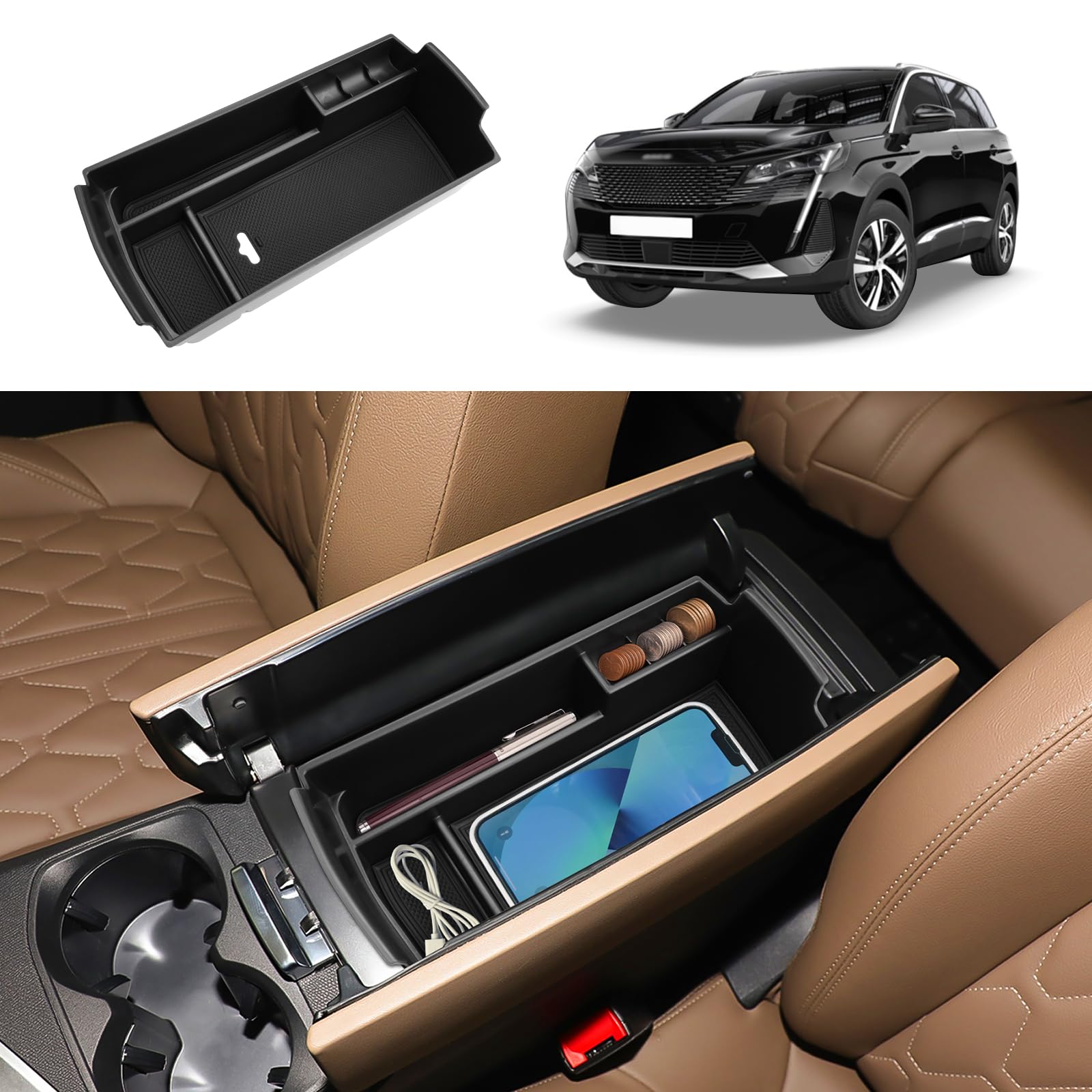 Vano Portaoggetti per Bracciolo Compatibile con Peugeot 3008 5008 GT Citroen C5 Aircross DS7 Crossback 2016-2024, Scatola del Bracciolo Centrale, Organizer con Tappetino Antiscivolo (Nero)