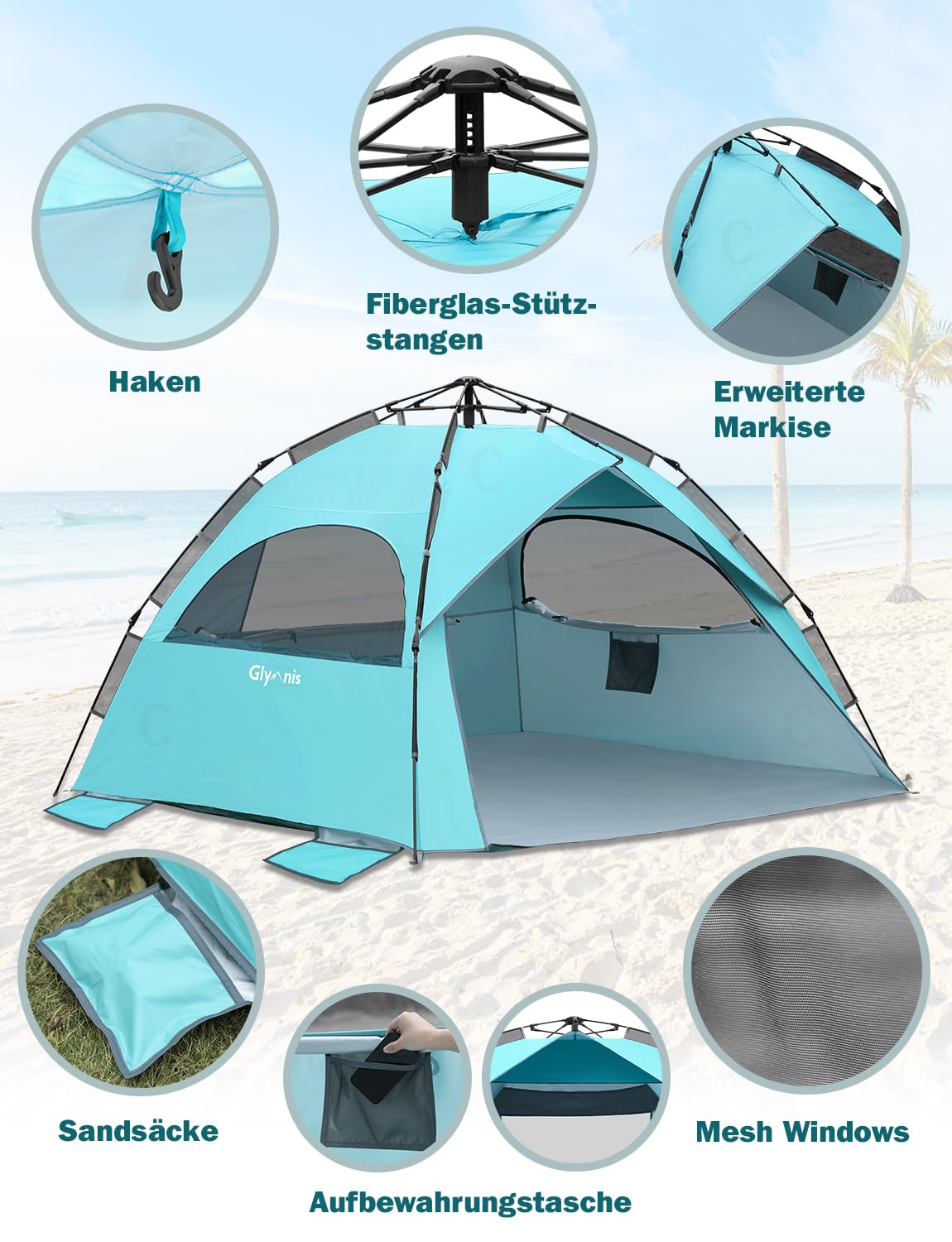 Glymnis Strandmuschel Quick Up Strandzelt Automatisches Zelt UV-Schutz 50+ Windschutz für 4-6 Personen Blau