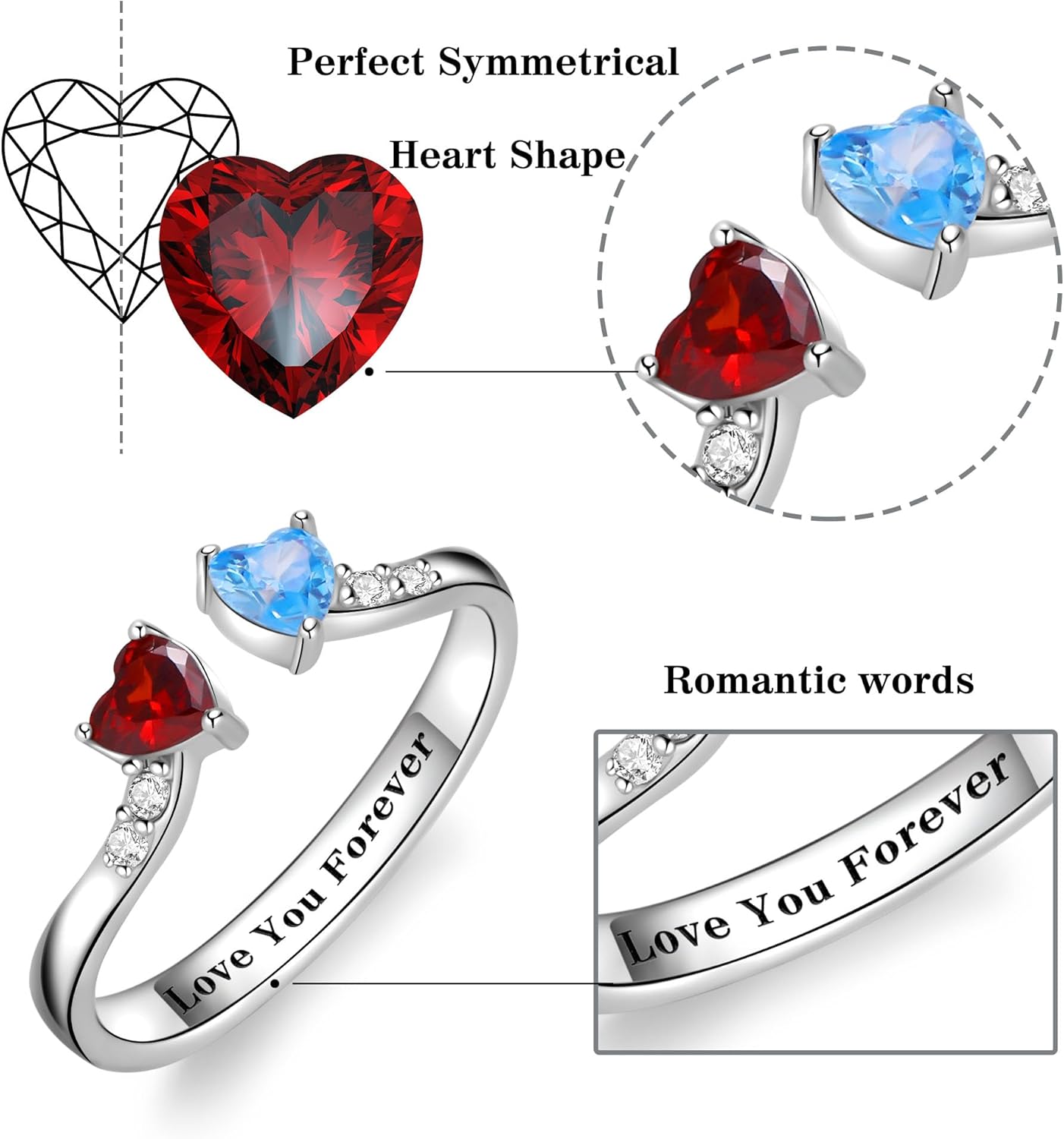 Dainty Silver Promise Rings for Her 2 Birthstone Adjustable Rings for Women Sister Anniversary Birthday Gifts for Women Jewelry Mothers Day Ring Gifts Valentine's Gift for Her - Image 7