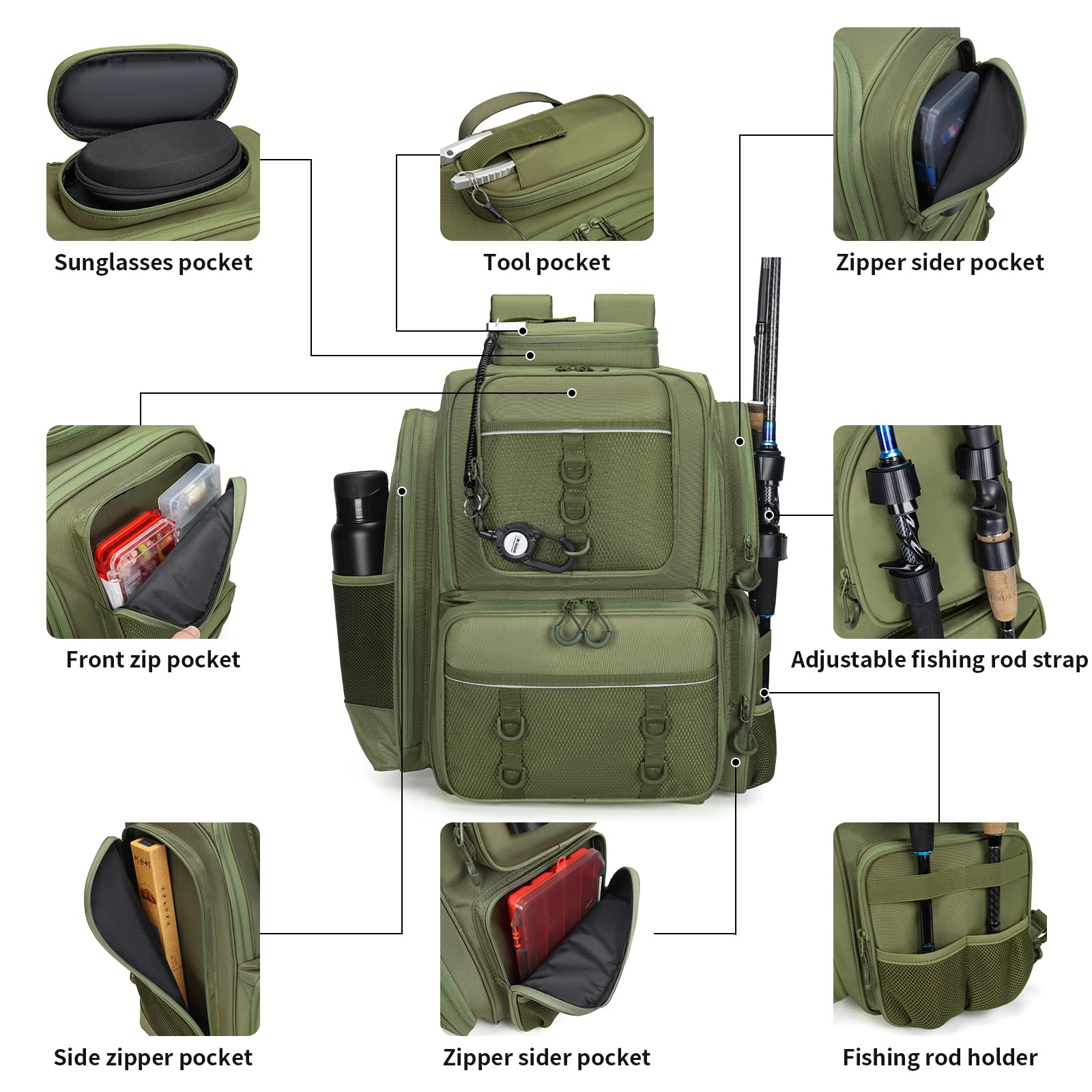 WANOON Waterproof Fishing Bag with Rod Holder,A Movable Partition and An Insulated Liner, It Is also A Large Lightweight Hiking Backpack