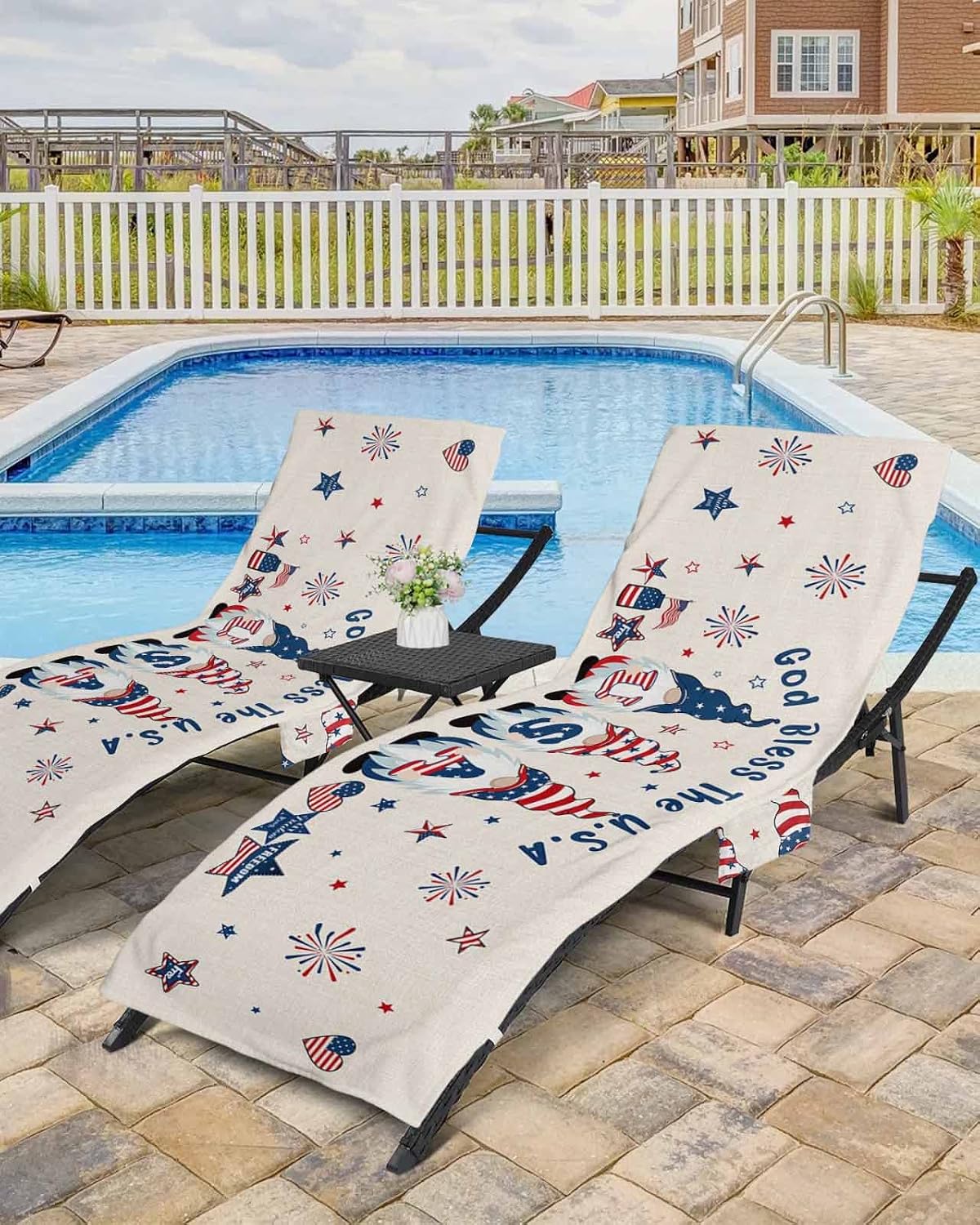 American Patriot Gnomes Flag Beach Pool Patio Lounge Chaise Chair Cover Towel with Pockets,Absorbent & Quick Dry Microfiber Towel Cover Bag Summer Accessories for Sunbathing Independence Day Burlap