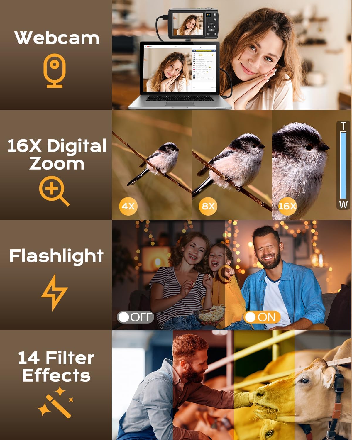 8K Digital Camera for Photography, 2026 Latest WiFi 88MP Vlogging Camera for YouTube with Dual Lens, Touch Screen, Autofocus Anti-Shake, 16X Zoom, Compact Travel Camera, 64GB Card, 2 Batteries, Black - Image 7