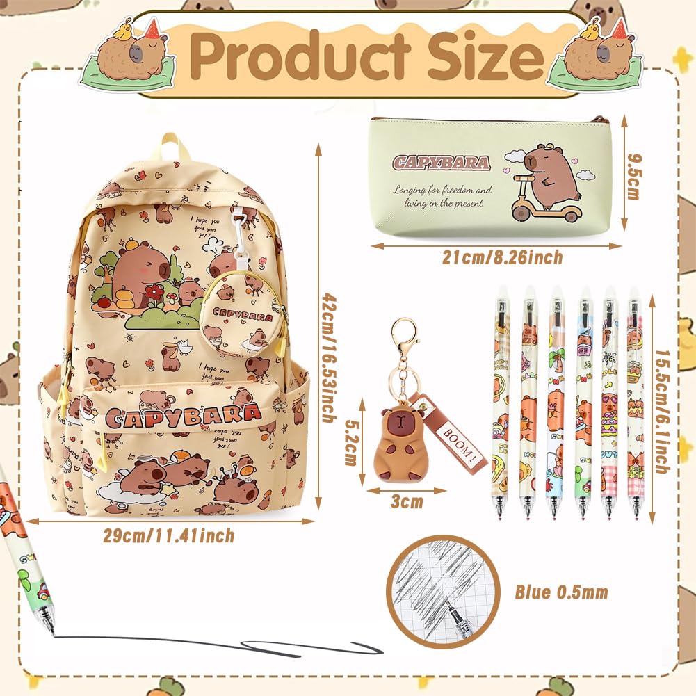 Capybara Bambini Zaino Schoolbag Grande Capacità Kawaii Astuccio Scuola Capibara Trousse Pencil Case Portapenne Animali Portachiavi 4 Penne Cancellabili Capybara Regalo Set (Giallo)