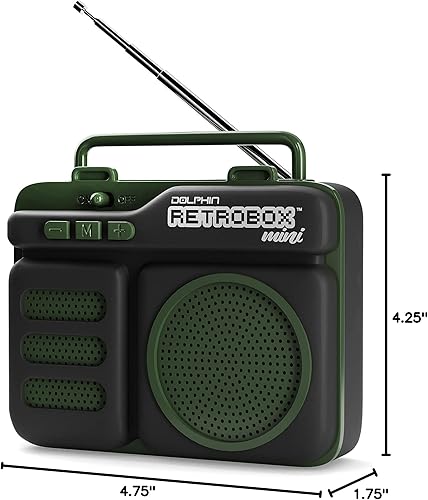 Miniatura 5 de Dolphin Retrobox Mini - Altavoz Bluetooth portátil para lugar de trabajo con MP3, radio FM, AUX, batería duradera y duradera (verde militar)