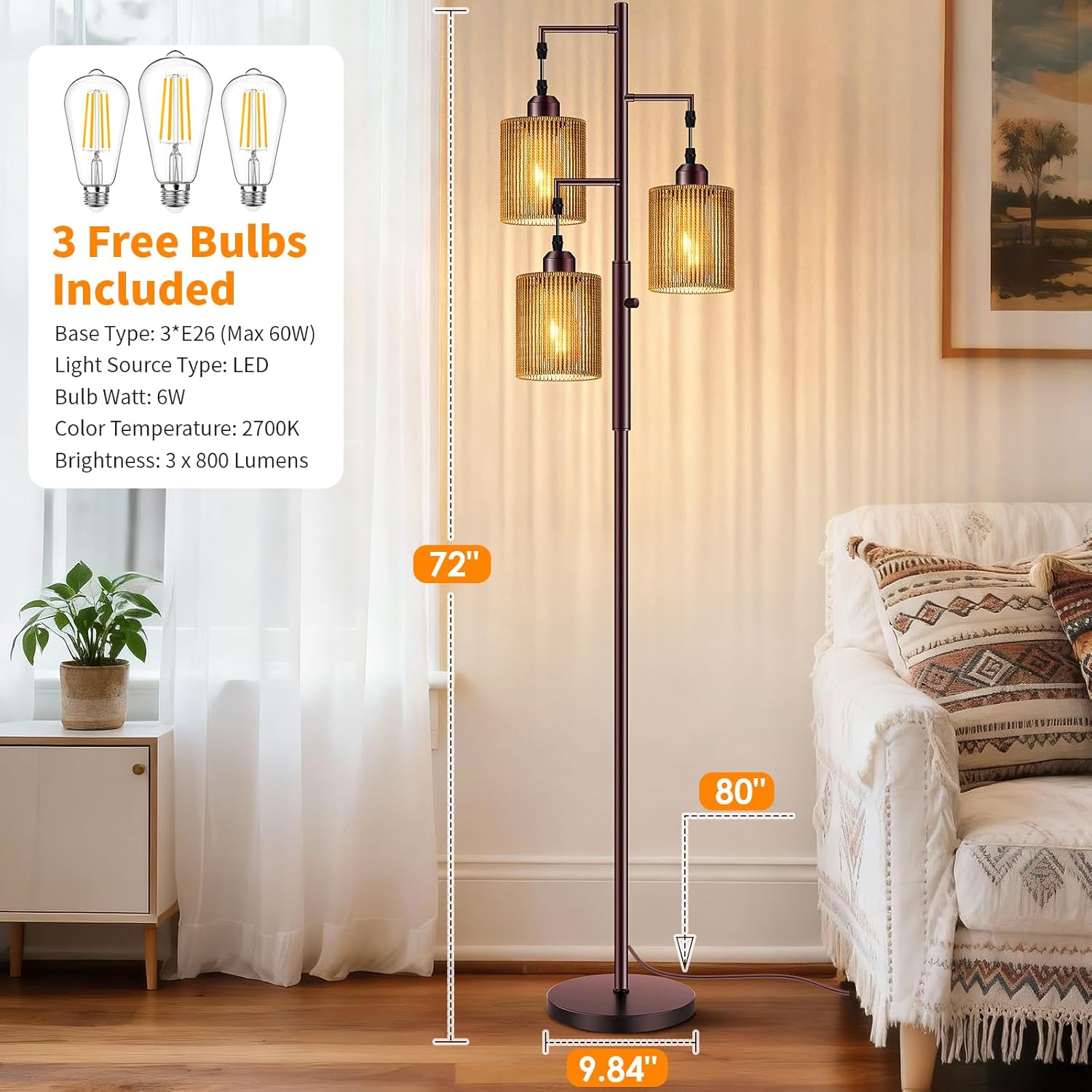 Hotsonic 72" Rattan Boho Floor Lamp, Tall Dimmable Standing Lamp with Handcrafted Brown Shades, Industrial Tree Floor Lamps for Living Room, Bedroom, Study Room, Office (3 x 800LM LED Bulbs Included)