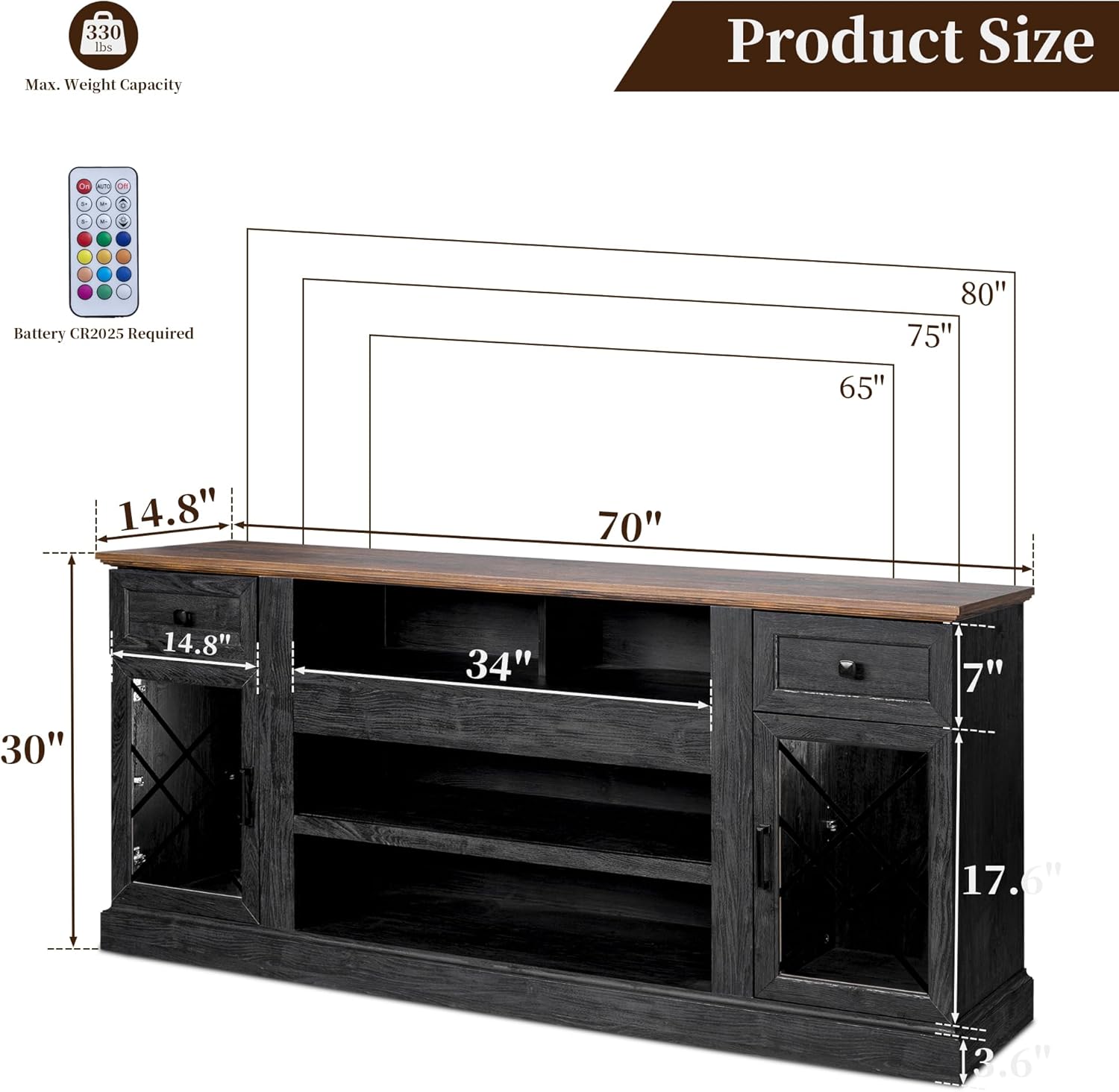 70 Inch Farmhouse TV Stand Table for 75 80 inch TVs, Modern Entertainment Center with LED Lights and Glass Doors, Wooden TV Stands for Living Room (Espresso, 70"x15"x30")