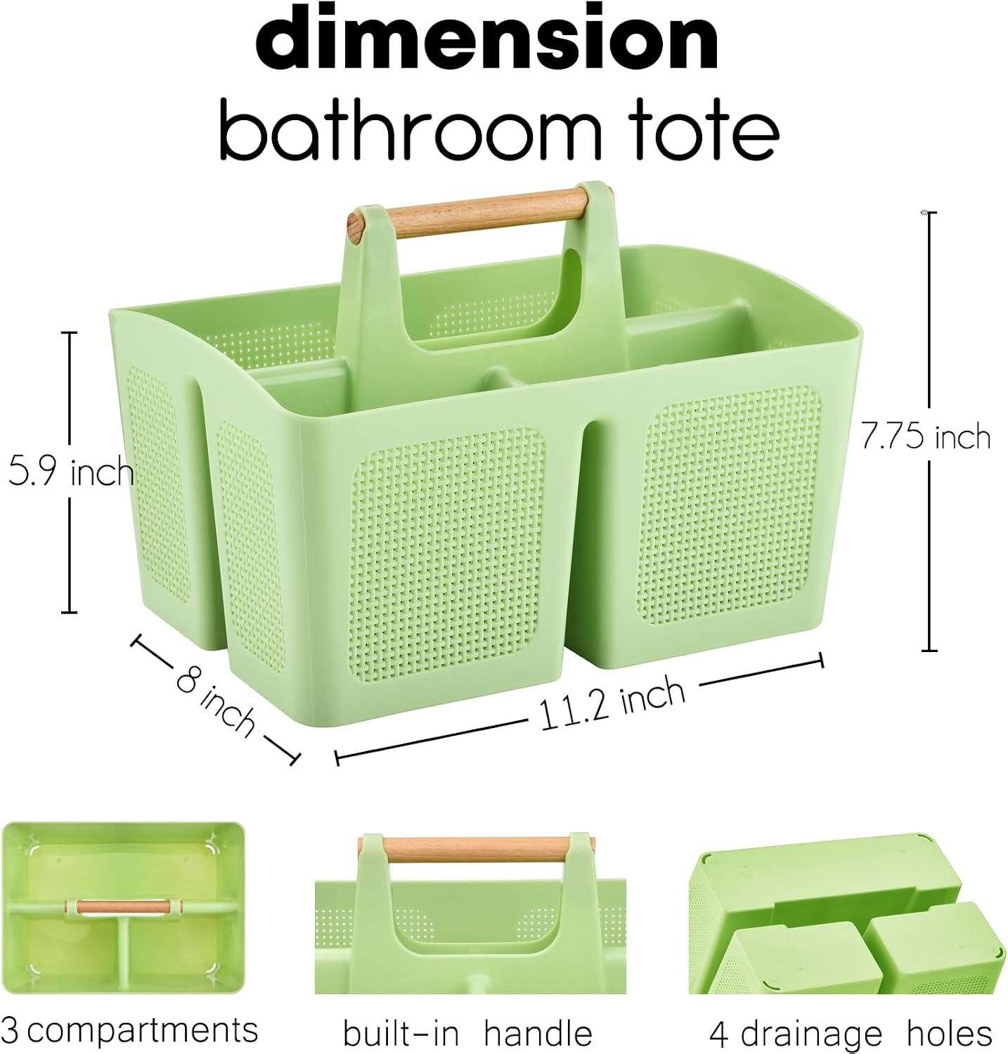 ALINK Portable Shower Caddy Basket with Compartments, Plastic Divided Cleaning Caddy Organizer Storage Tote with Handle for Bathroom, College, Dorm Room Essentials - Green image 2