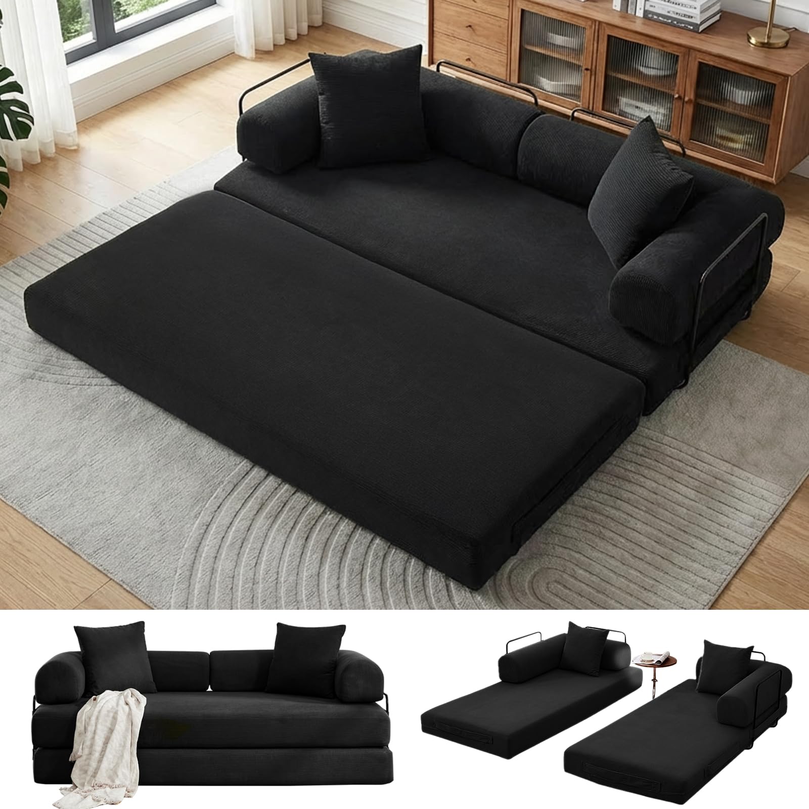 Firscook Convertible Folding Sofa Bed, Modular Floor Sofa with Removable Backrest, Corduroy Folding Mattress Couch with Fixed-Shape Frame for Living