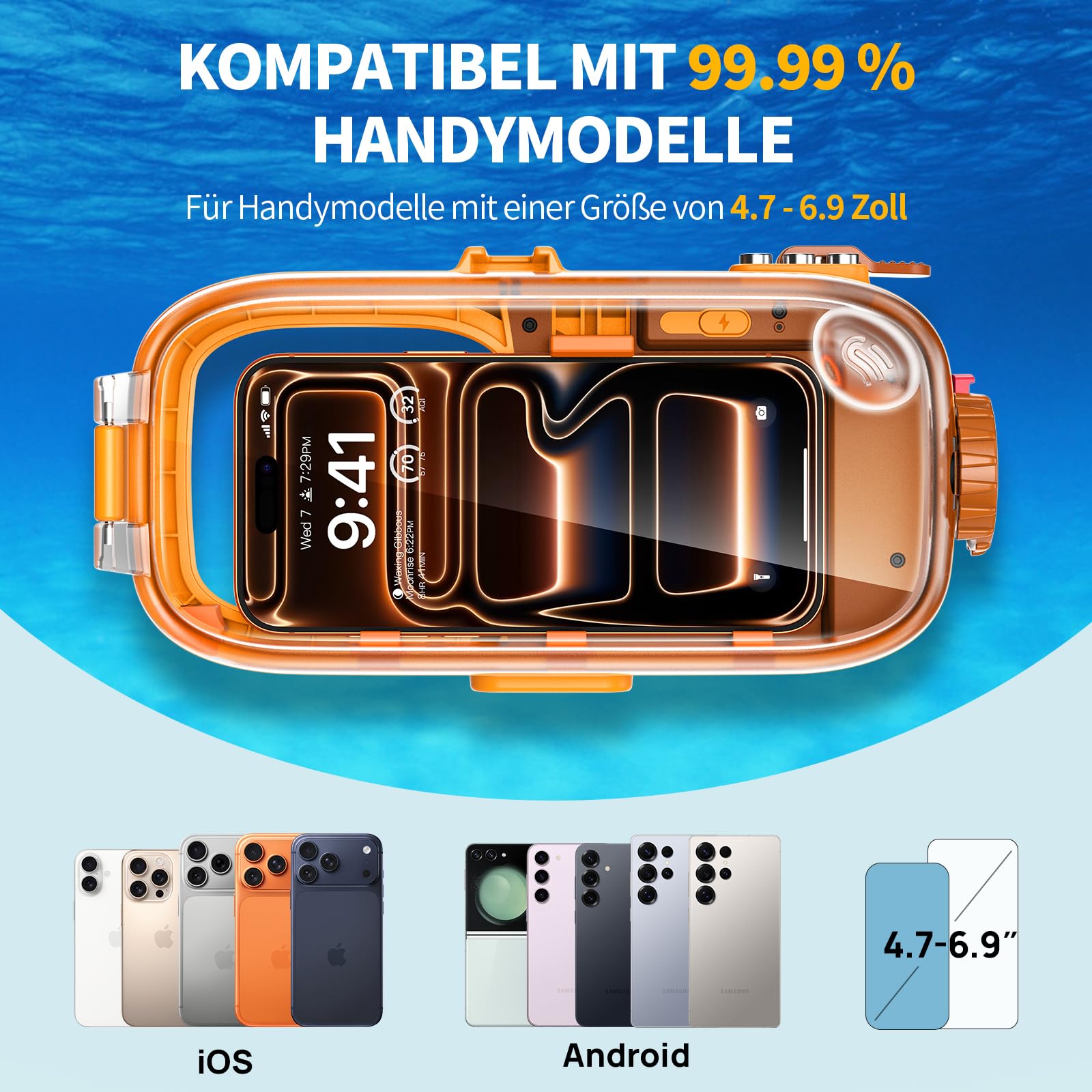 Lanhiem wasserdichte Handyhülle 15M Universelle IPX8 Tauchen Professionelle, kompatibel mit Bluetooth, Unterwasser Hülle für iPhone Samsung XiaoMi Redmi Google und Smartphones 4,7–6,9 Zoll, Orange