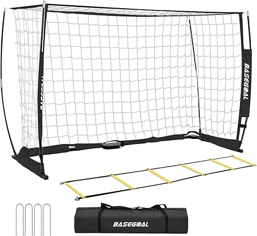 Portería de fútbol, red de fútbol, porteros de fútbol para patio trasero, con marco de arco, base de metal plegable y escalera de agilidad