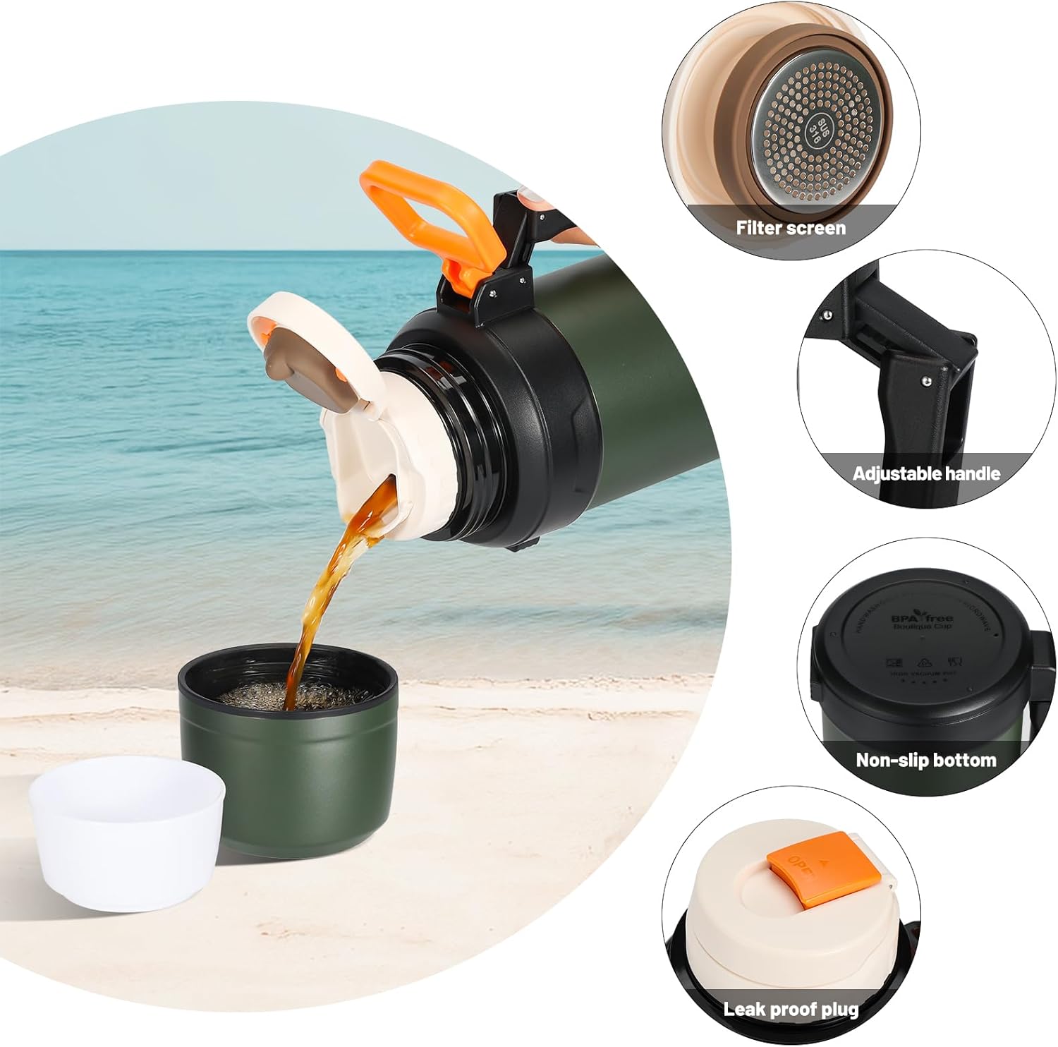 88oz Large Coffee Thermo for Travel, 2500ml Insulated Stainless Steel Water Bottle with Cup and Handle, Water Jug for 24hr Hot and Cold drinks, Vacuum Flask for Camping, Fishing & Working, Olive - Image 4