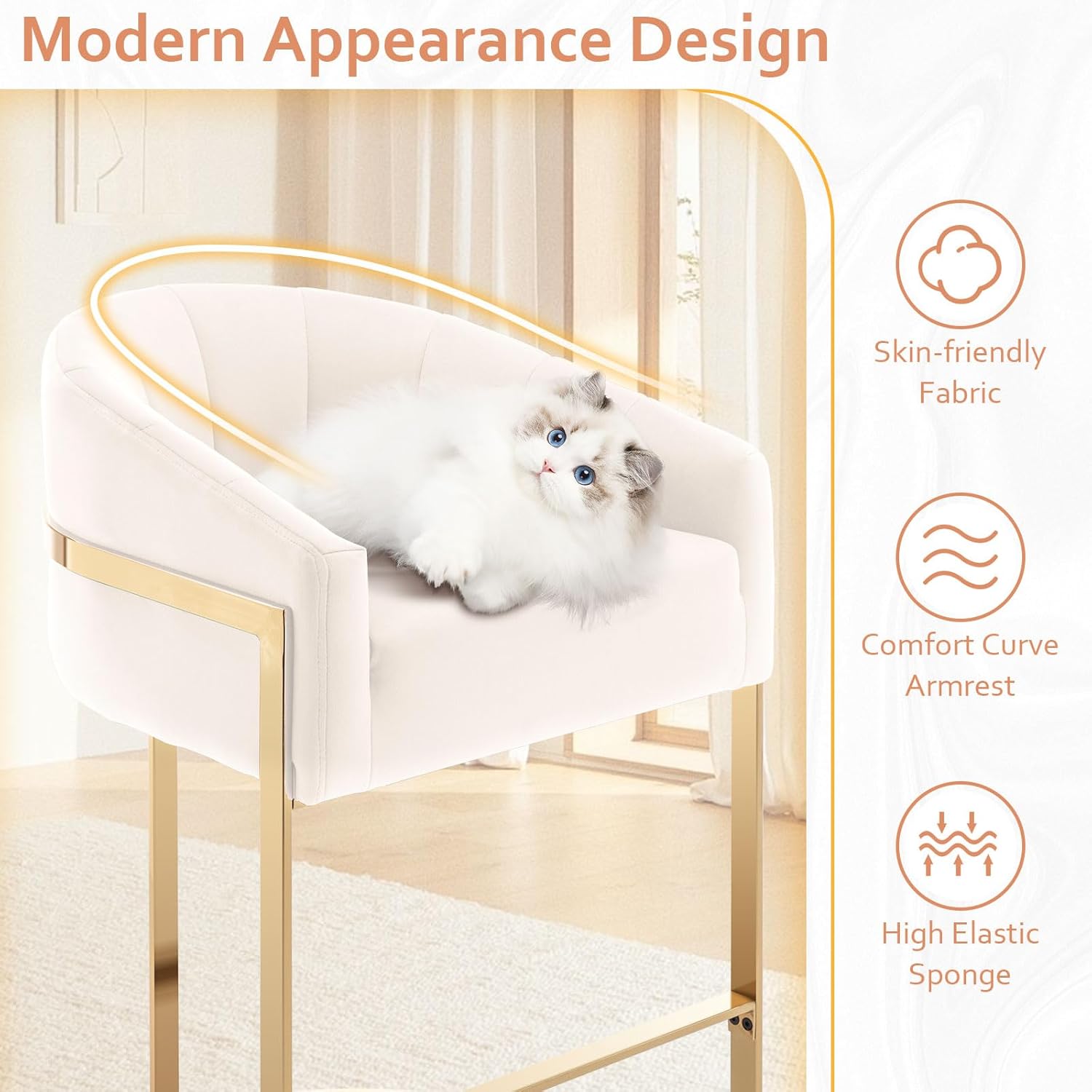 Set of 2 Size 27 Color beige and gold Counter Height Bar Stools Set of 2, Modern 27 H Barrel Counter Stools with Shell Back, Gold Velvet Bar Stools for Kitchen Island, Comfortable Velvet Upholstered Bar Stools with Backrest, Beige