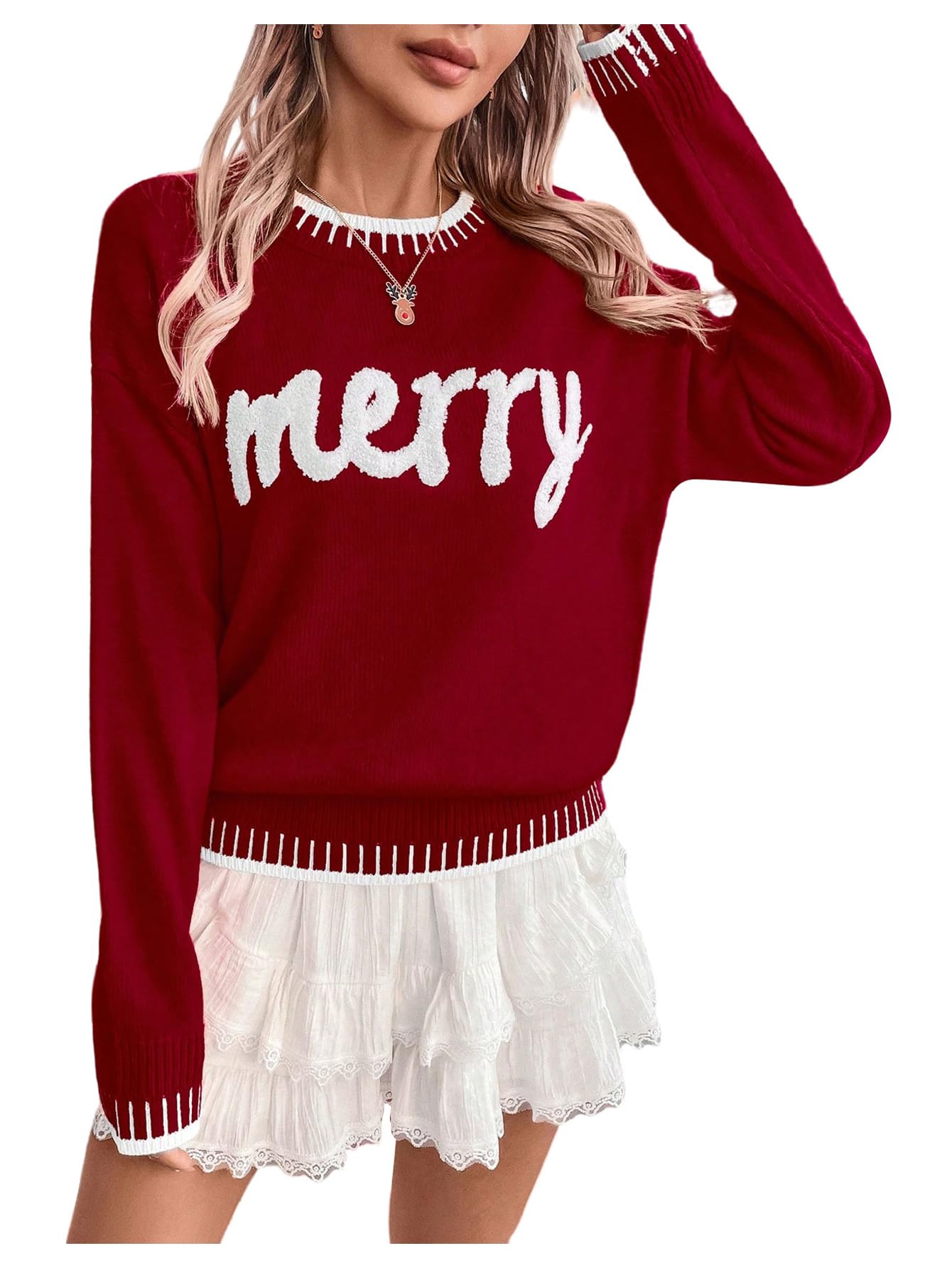 SHENHE Womens Merry Christmas Sweater Crew Neck Soft Knit Xmas Holiday Sweater Pullover