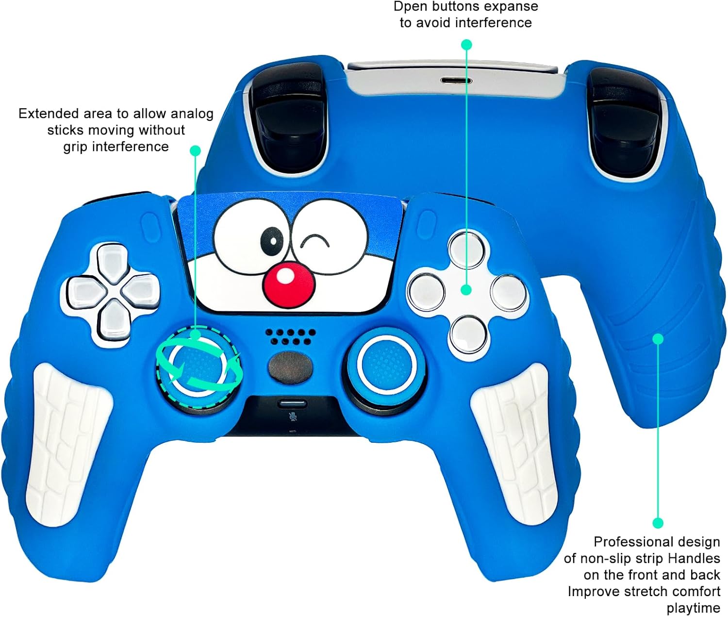 Blue Anti Slip PS5 Controller Skin Set, Doraemon Limited Edition Soft Protective Controller Cover Case for PlayStation 5/Slim/Pro Control with Touch Pad Stickers and 2 Thumb Grip Caps - Image 4