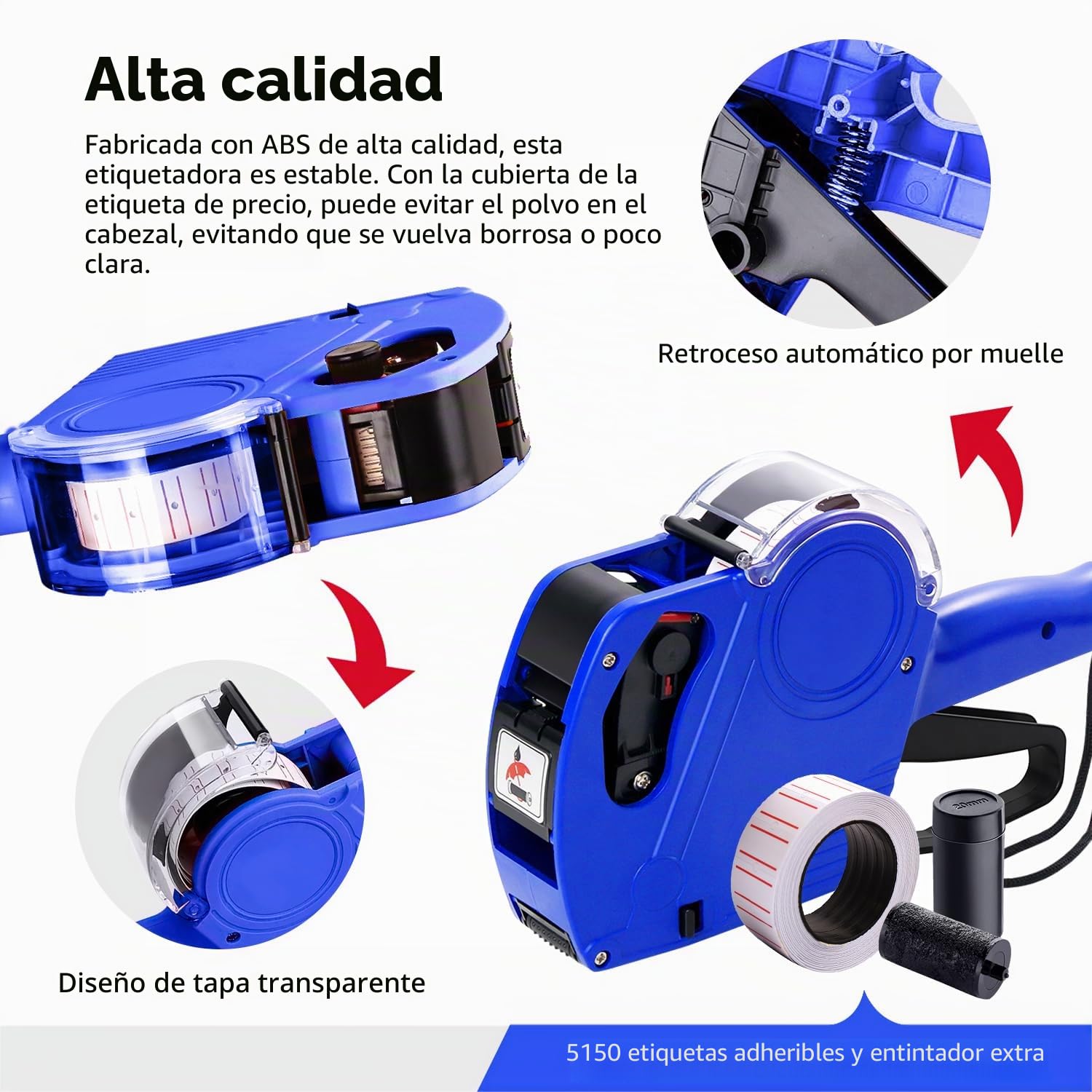Pistola de etiquetas de precios KPX MX5500 con 5150 calcomanías blancas y 3 rodillos de tinta, 8 dígitos