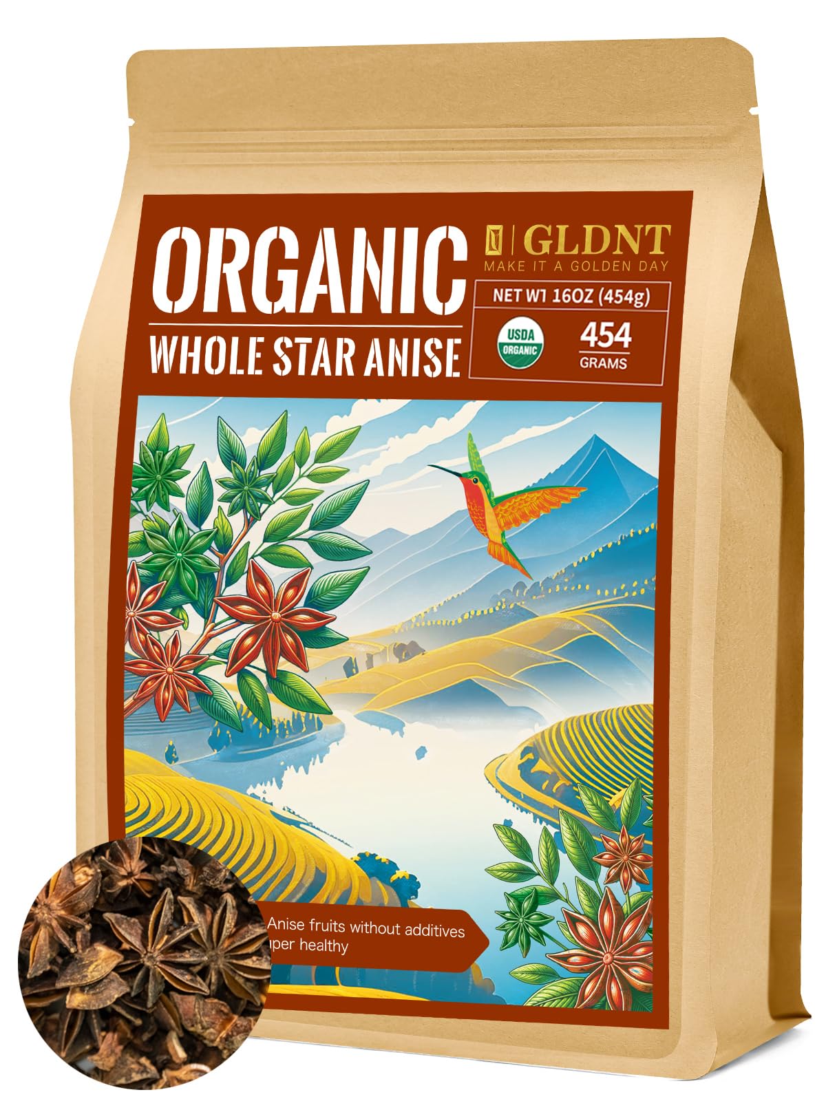 GLDNT Organic Star Anise, Whole Organic Star Anise for Cooking, Baking and Tea, Caffeine Free, 16oz