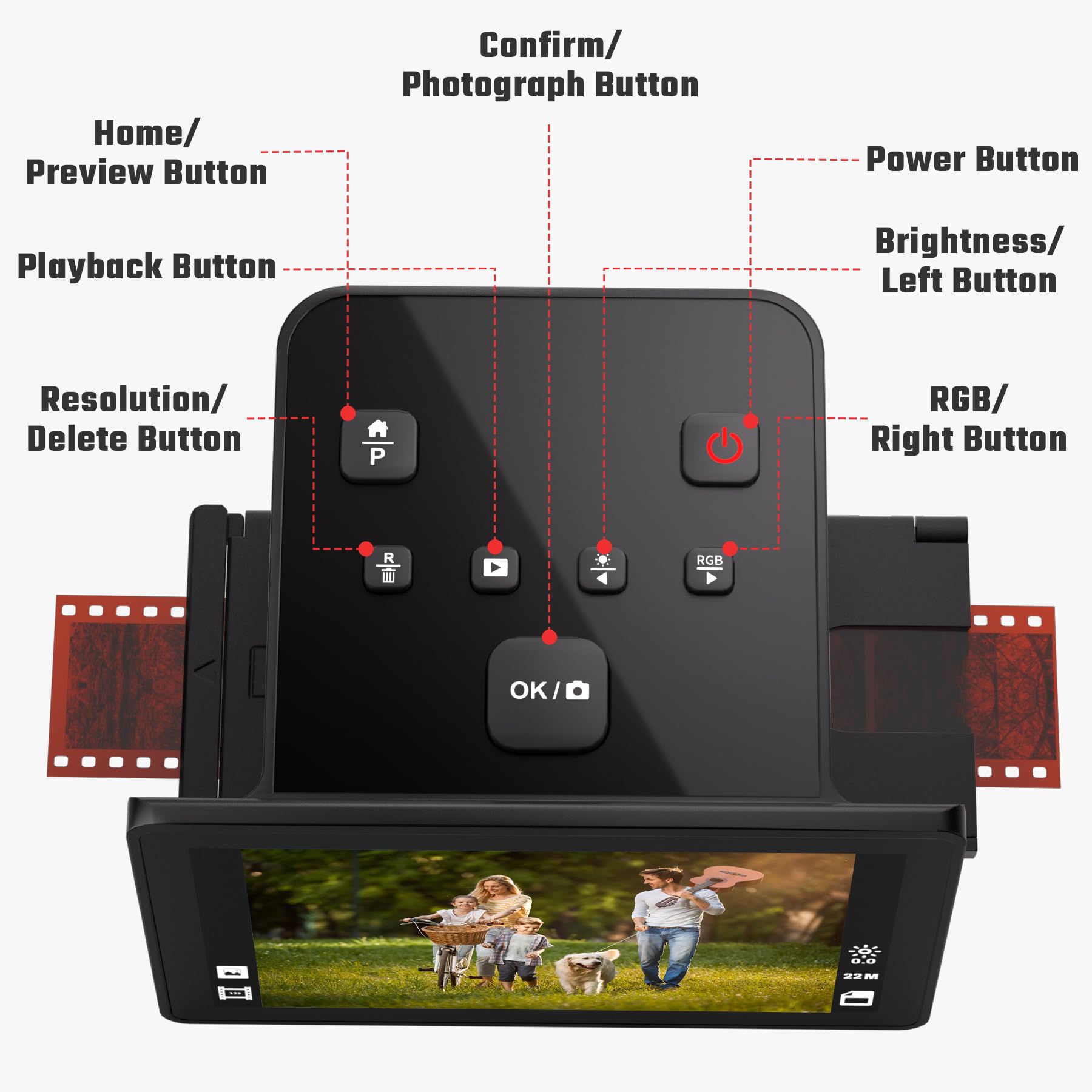 Scanner numérique de films et de diapositives avec grand écran LCD de 5 pouces, scanner négatif et scanner de diapositives pour numériser, convertit 135, 126 KPK, 110 négatifs et super 8 films en 22