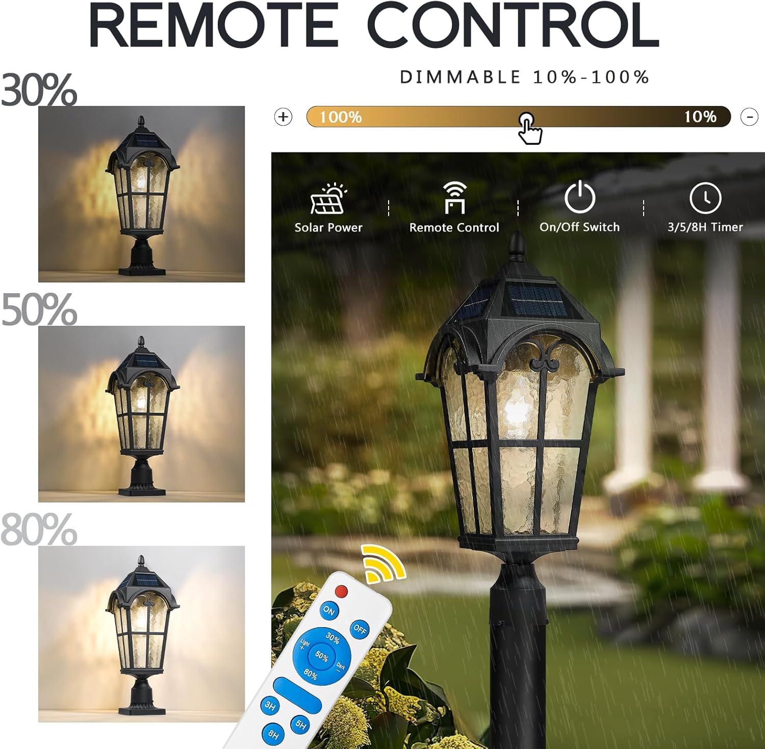 Emliviar Outdoor Solar Lamp Post Light in Black Finish, 22.1" Large Outdoor Lighting with Water Grain Glass Shade for Patio, Vintage Post Lantern LED Bulb Included with Remote Control, YXE302MP-SL BK