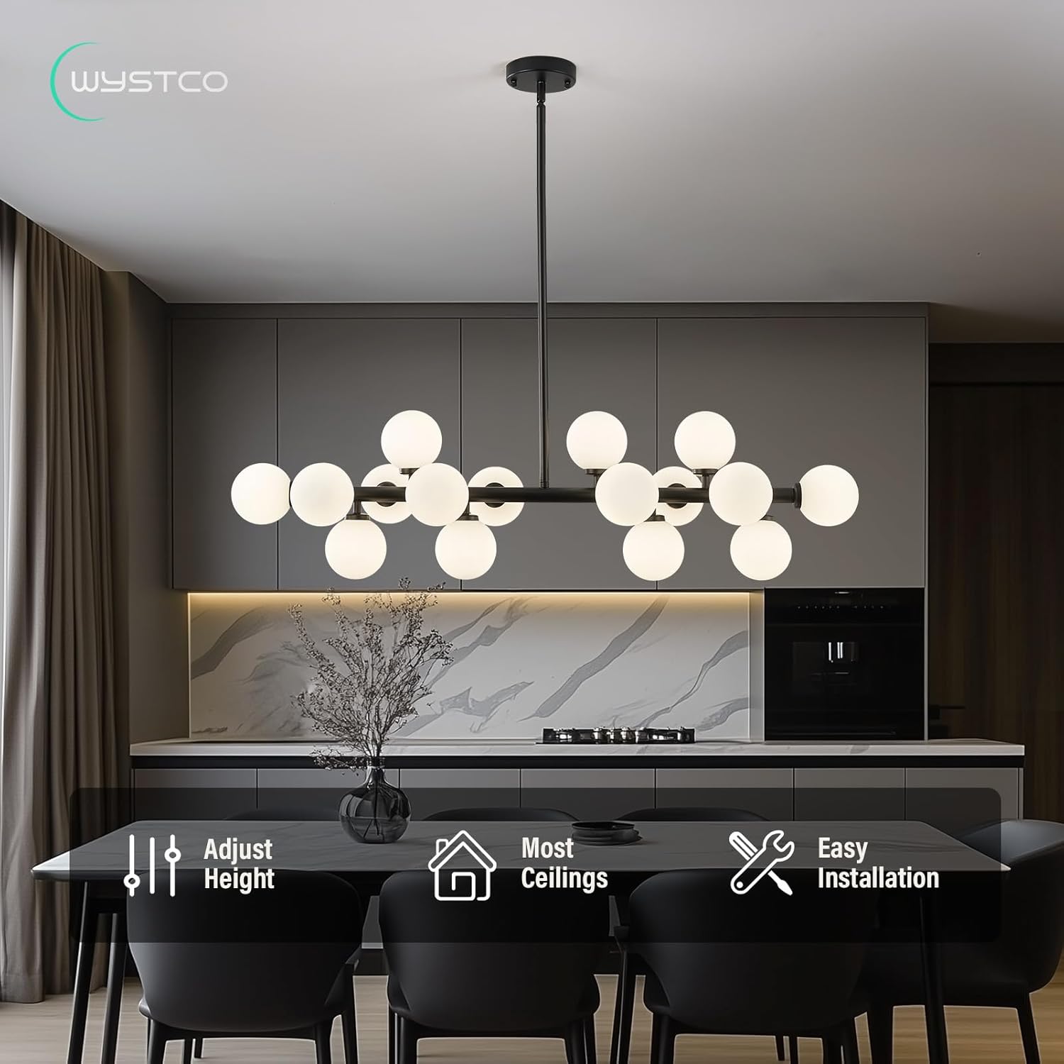 16-Light Globe Sputnik Chandelier, Mid Century Modern Light Fixture Over Table, Black Linear Chandeliers for Dining Room and Kitchen Island (Milk White Glass Bubble Shades, 40 Inch)